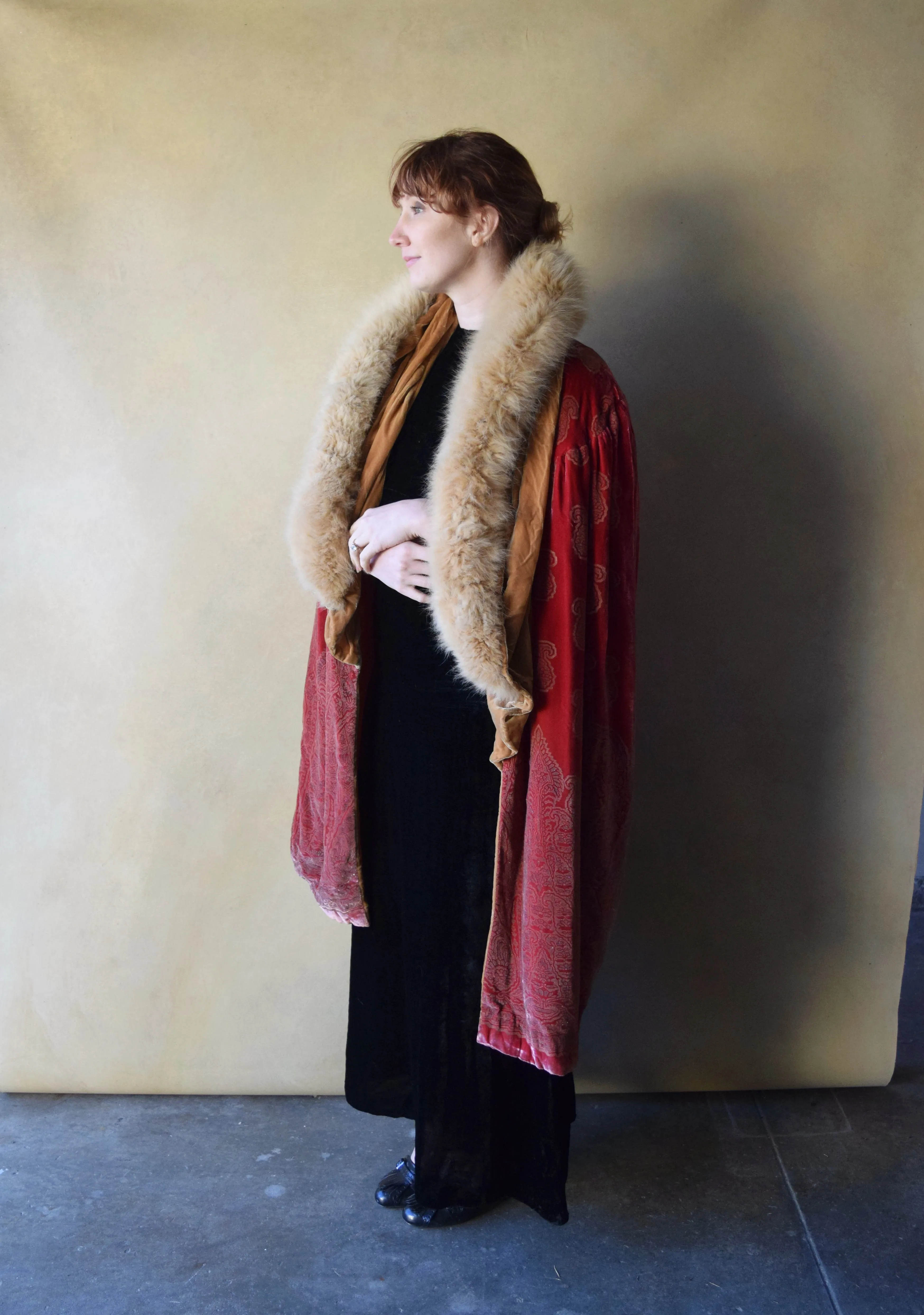 1920s stenciled cape . vintage 20s silk velvet coat . one size