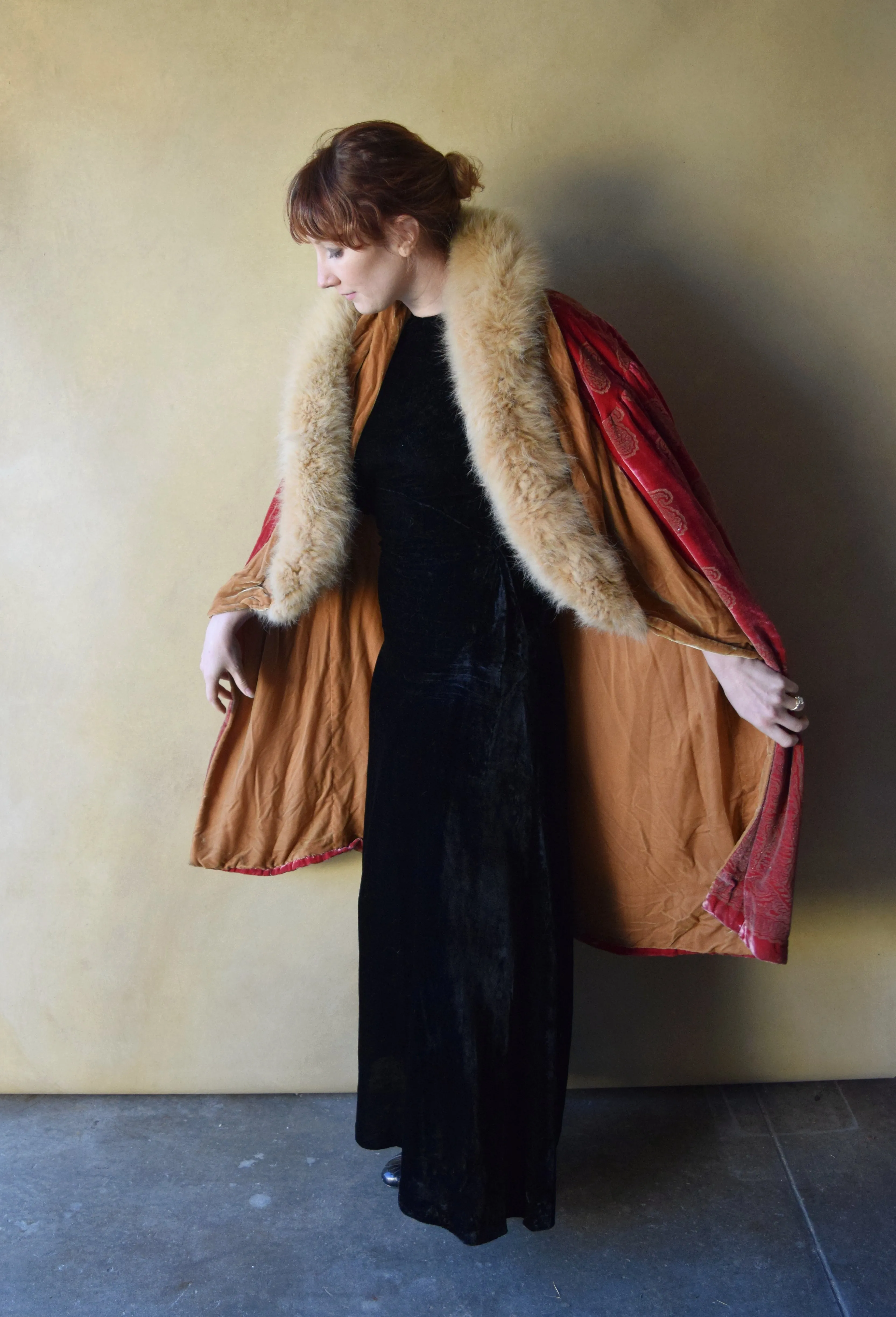1920s stenciled cape . vintage 20s silk velvet coat . one size