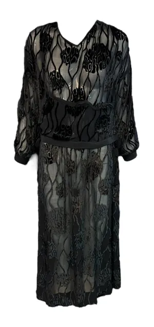 20s Black Cut Velvet Drop Waist Flapper Dress with Peek a Boo Sleeves