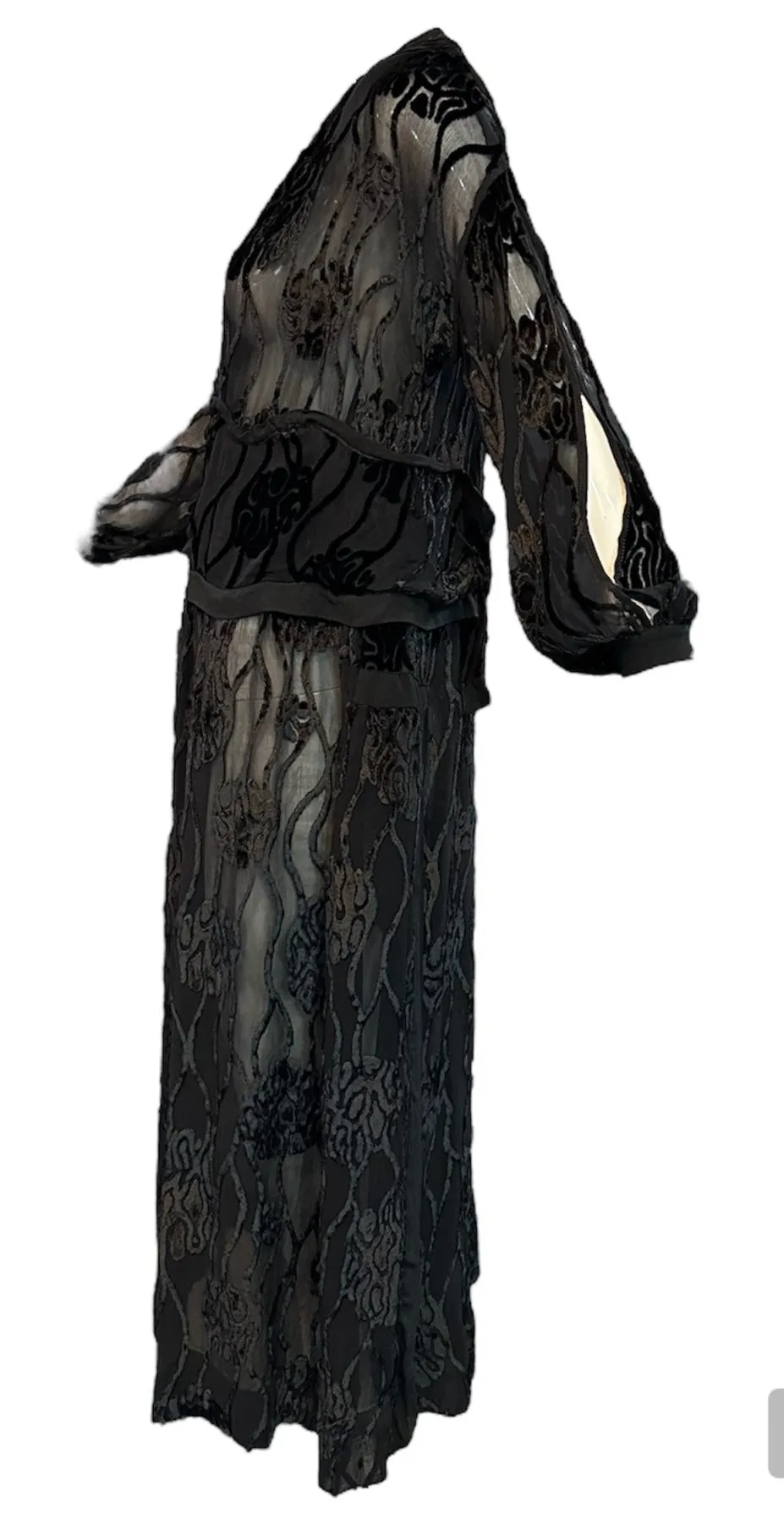 20s Black Cut Velvet Drop Waist Flapper Dress with Peek a Boo Sleeves