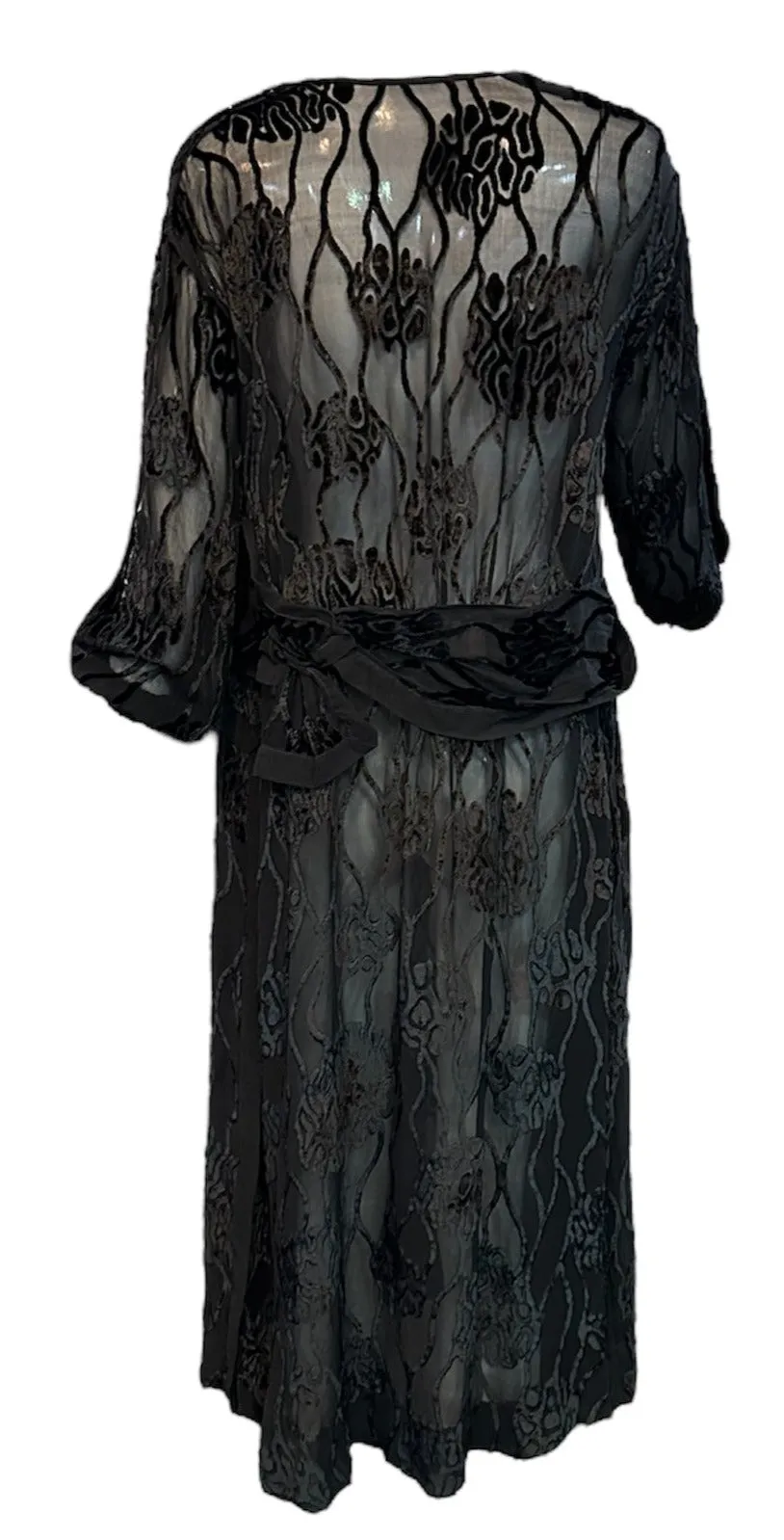 20s Black Cut Velvet Drop Waist Flapper Dress with Peek a Boo Sleeves