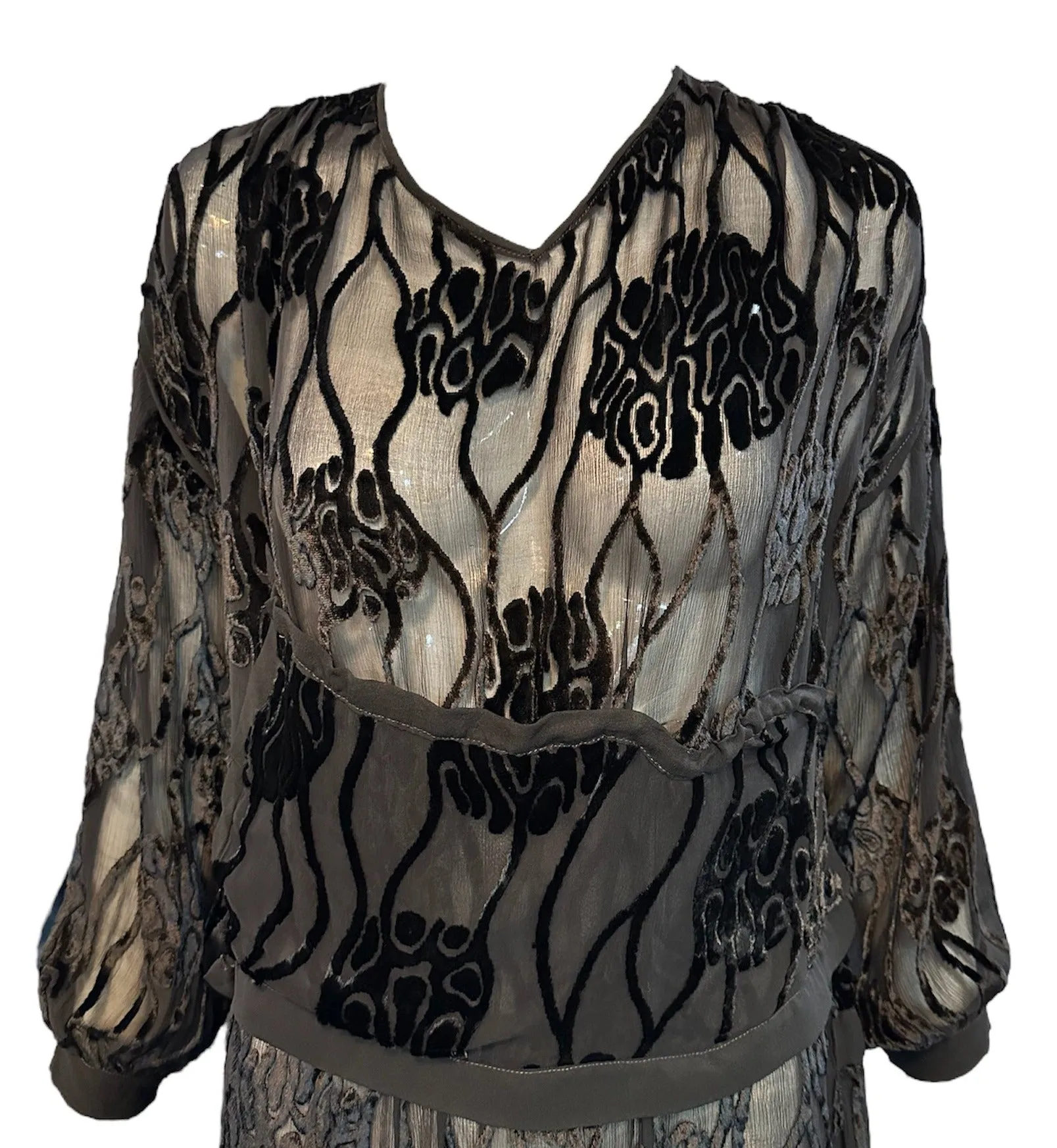 20s Black Cut Velvet Drop Waist Flapper Dress with Peek a Boo Sleeves