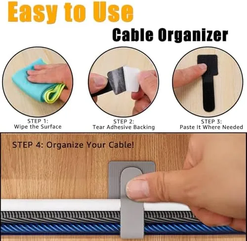 80PCS Hook and Loop Cable Straps, Cable Management Under Desk, Self Adhesive Cable Ties, Reusable Wire Organizers for Cords, Adjustable Cord Organizers for Desk, Home Office Essentials, White