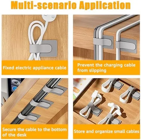 80PCS Hook and Loop Cable Straps, Cable Management Under Desk, Self Adhesive Cable Ties, Reusable Wire Organizers for Cords, Adjustable Cord Organizers for Desk, Home Office Essentials, White