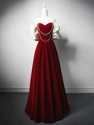 A-Line Sweetheart Neck Burgundy Long Prom Dress, Velvet Burgundy Long Formal Dress