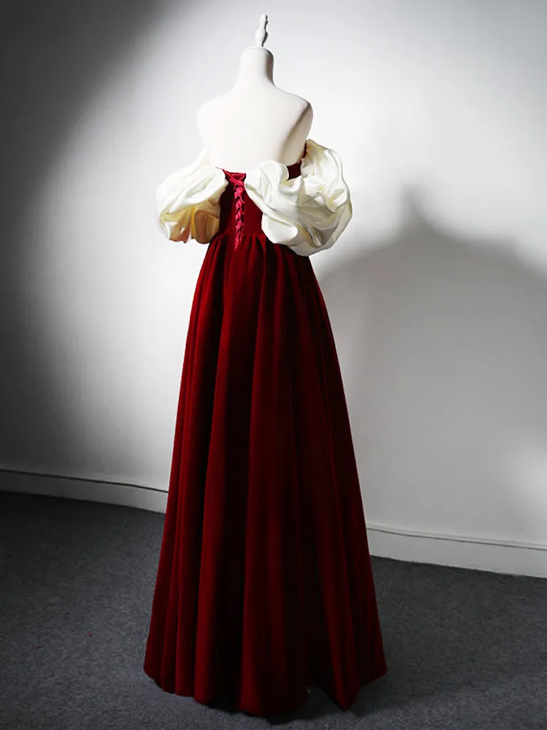 A-Line Sweetheart Neck Burgundy Long Prom Dress, Velvet Burgundy Long Formal Dress