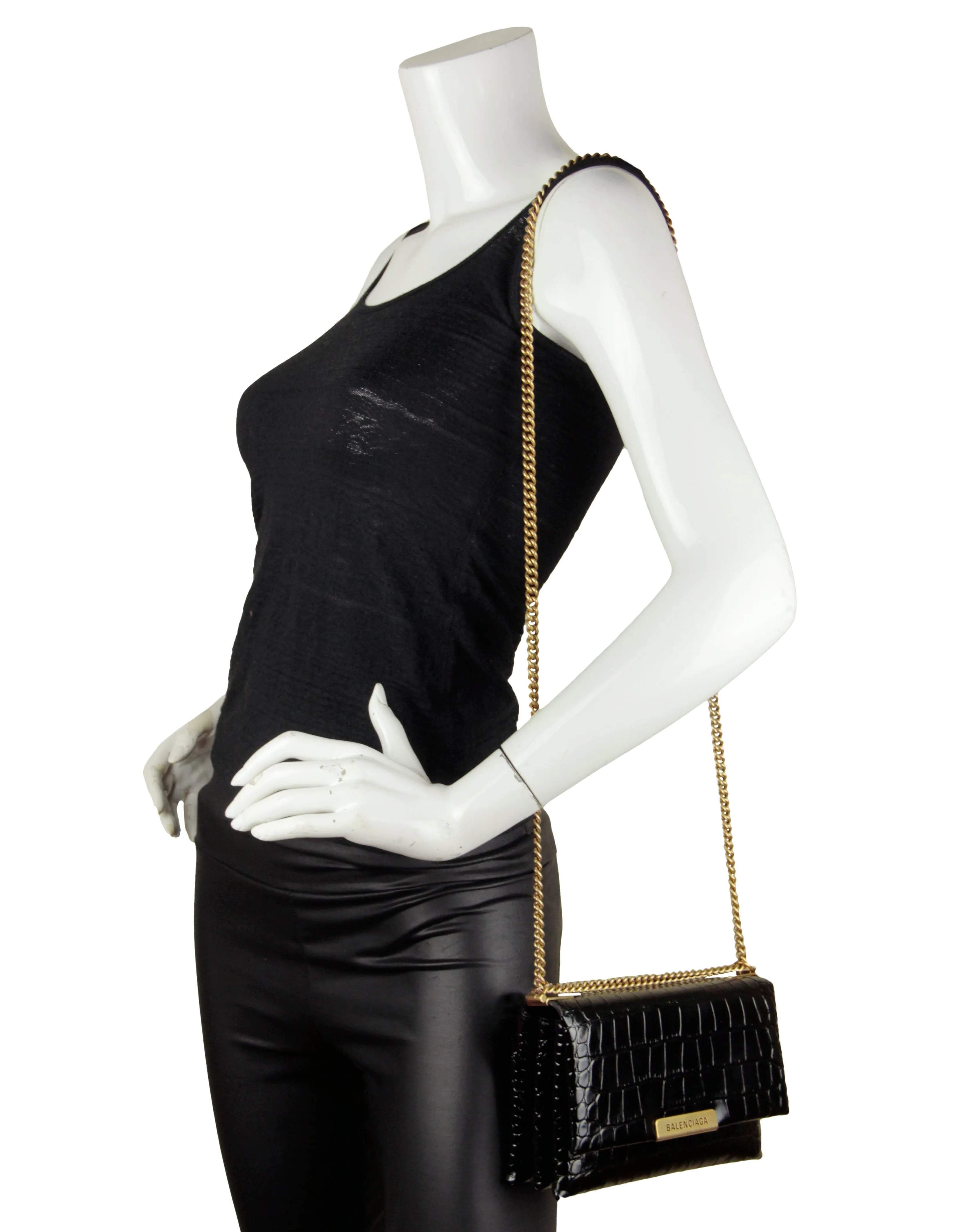 Balenciaga Black Embossed Crocodile Small Triplet Shoulder Bag
