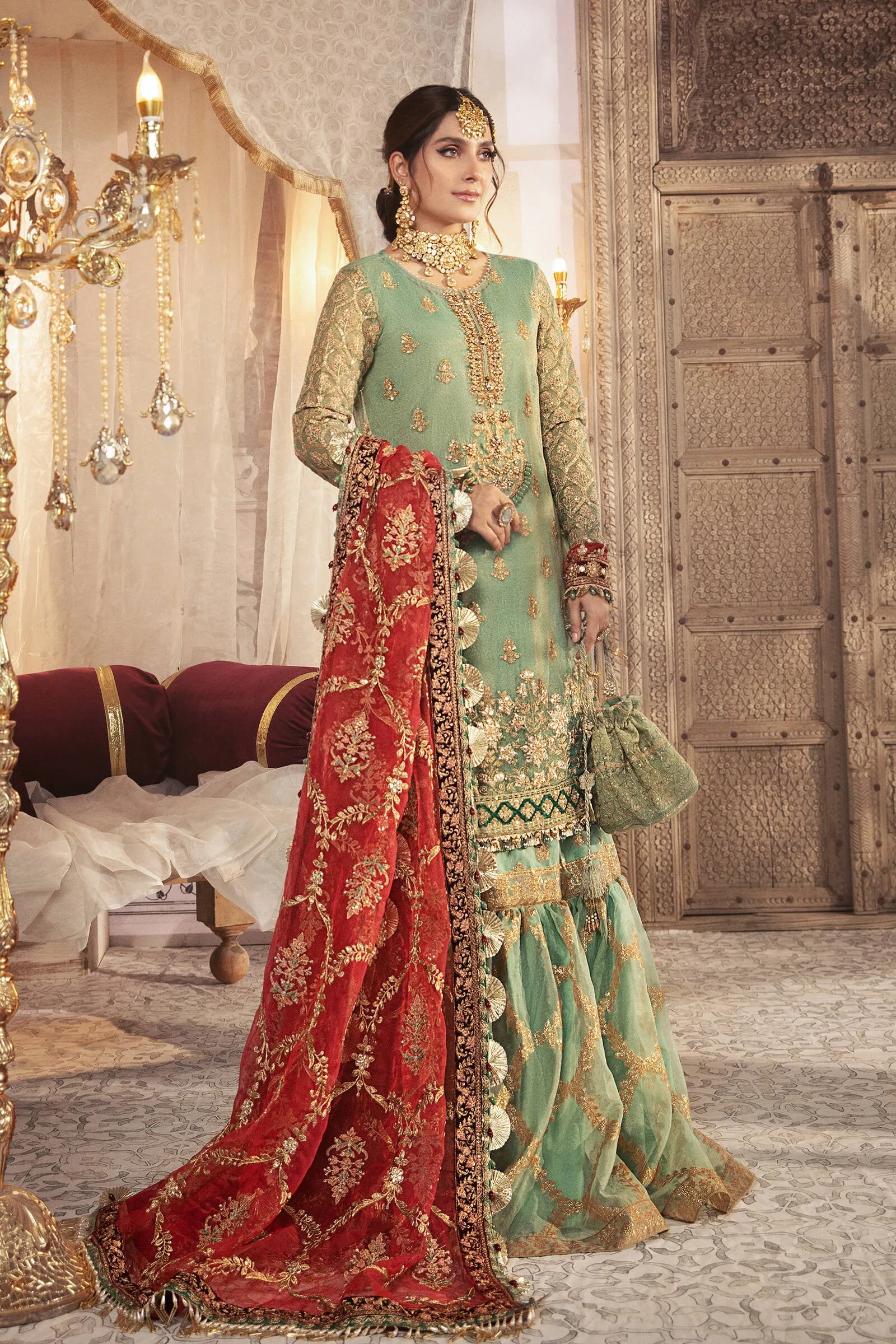 BD-2303 Coral in Sea green | Maria B Mbroidered Winter Wedding Collection 2021 | Unstitched Embroidered Suits