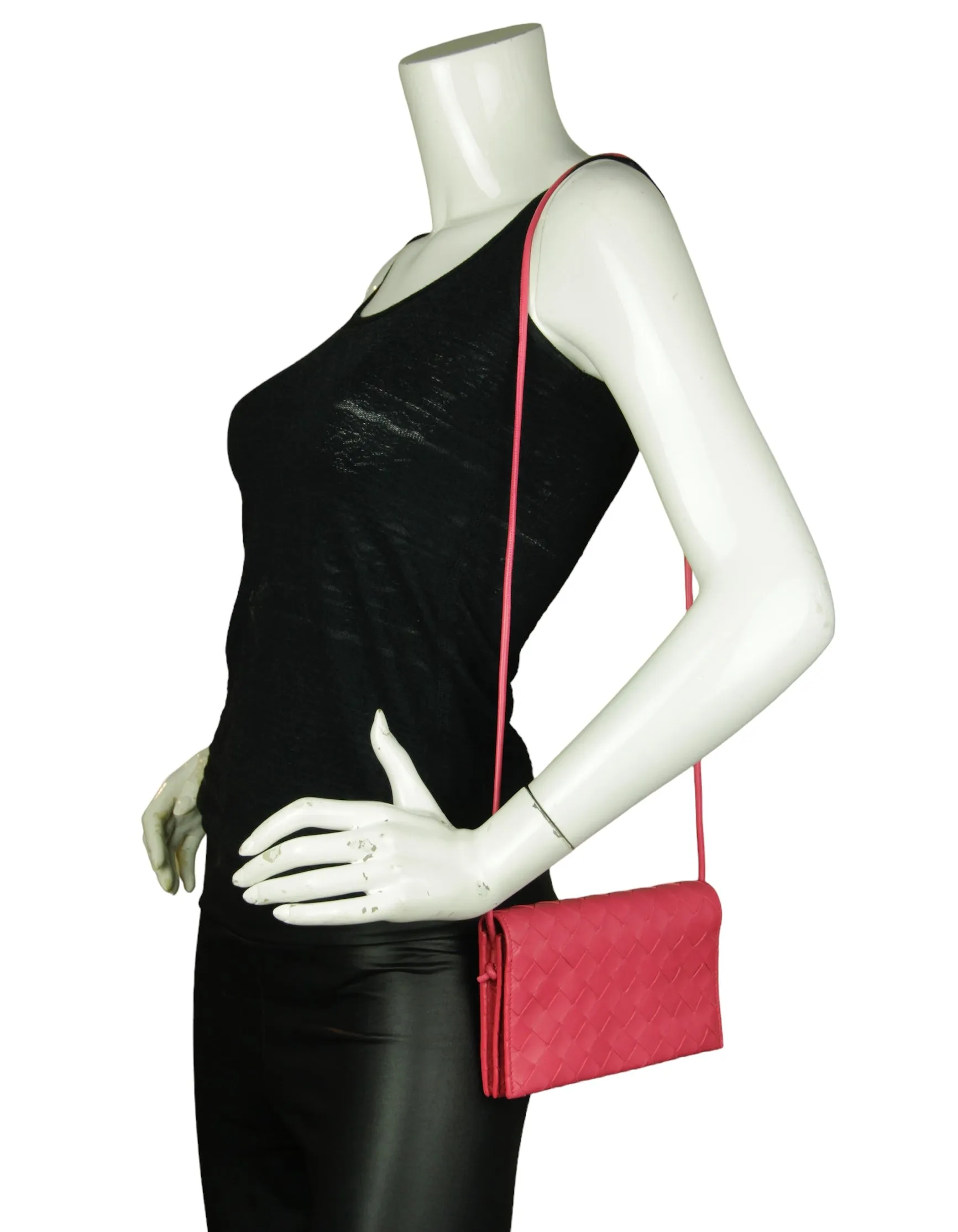 Bottega Veneta Pink Intrecciato Woven Leather Wallet on Strap