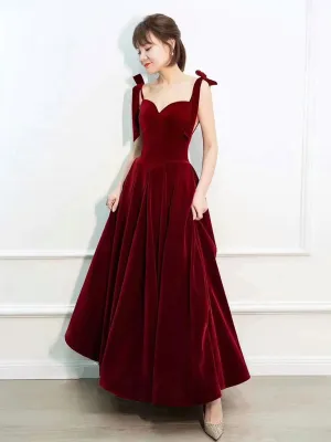 Burgundy A-Line Velvet Long Prom Dress, Burgundy Formal Dress