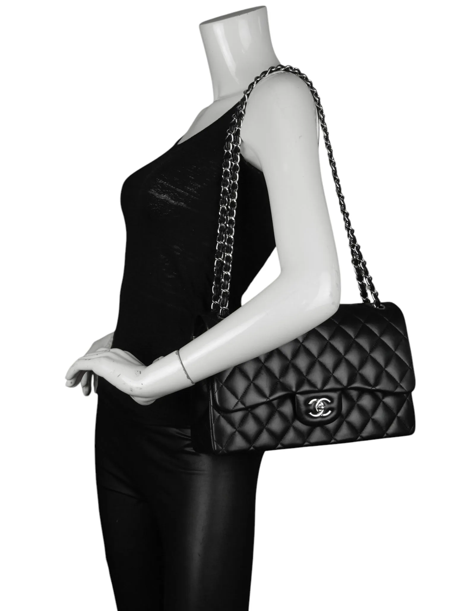 Chanel Black Lambskin Leather Double Flap Jumbo Bag