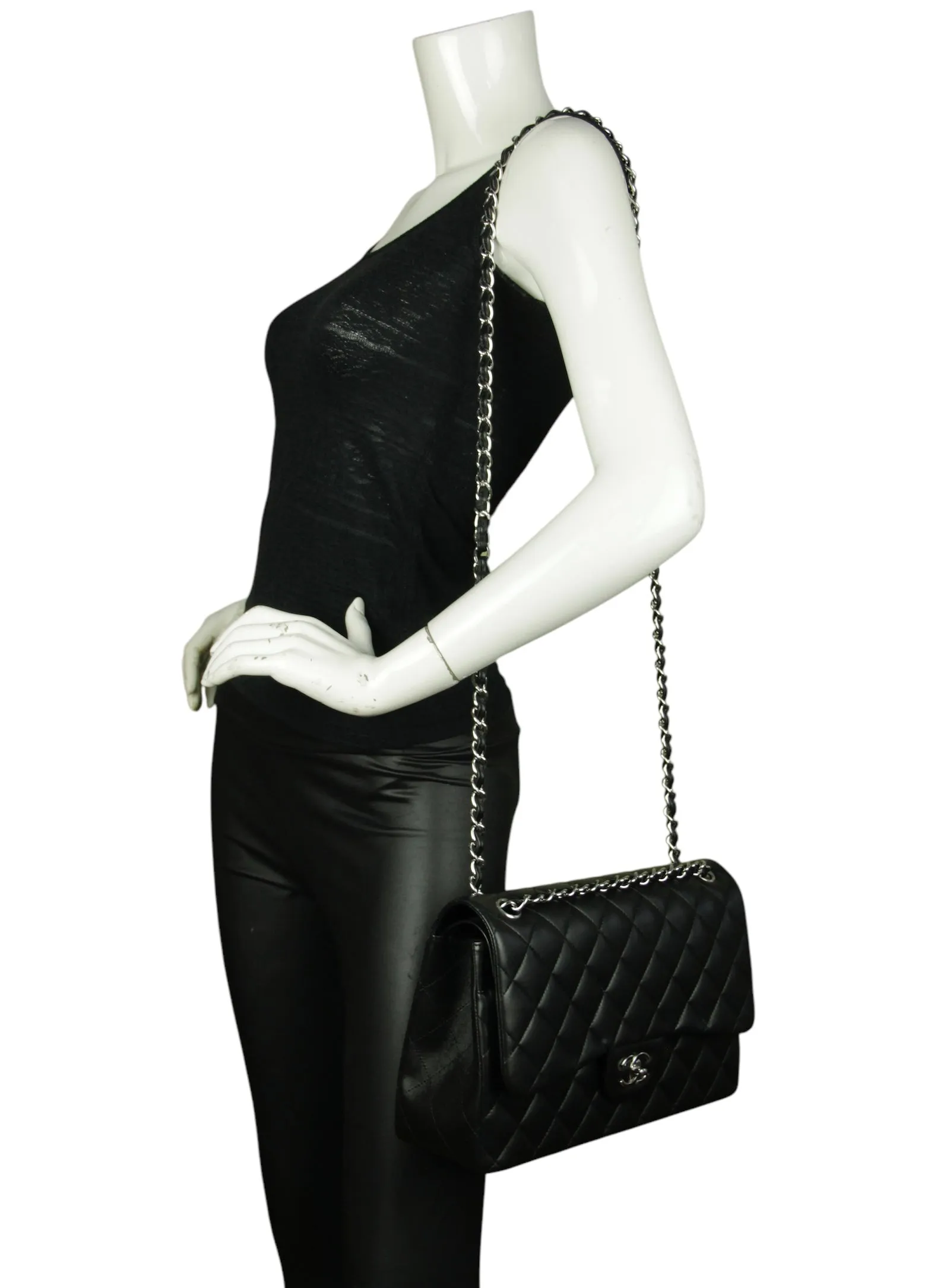 Chanel Black Lambskin Leather Double Flap Jumbo Bag