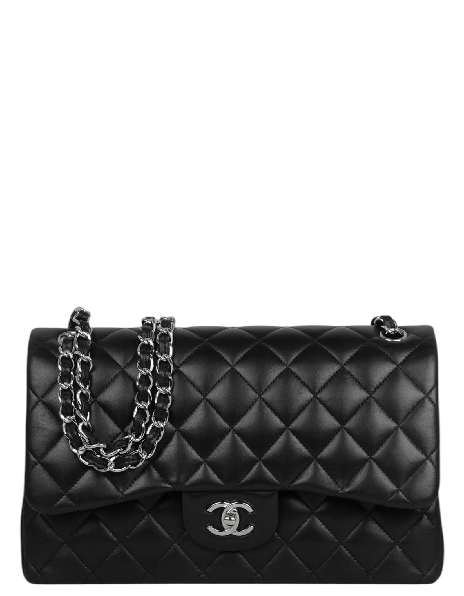 Chanel Black Lambskin Leather Double Flap Jumbo Bag