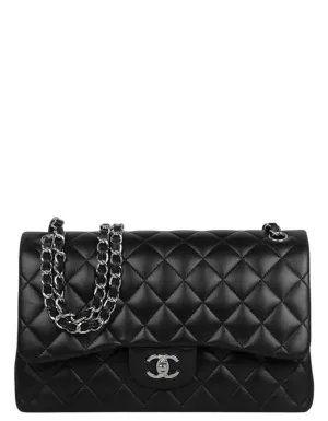 Chanel Black Lambskin Leather Double Flap Jumbo Bag