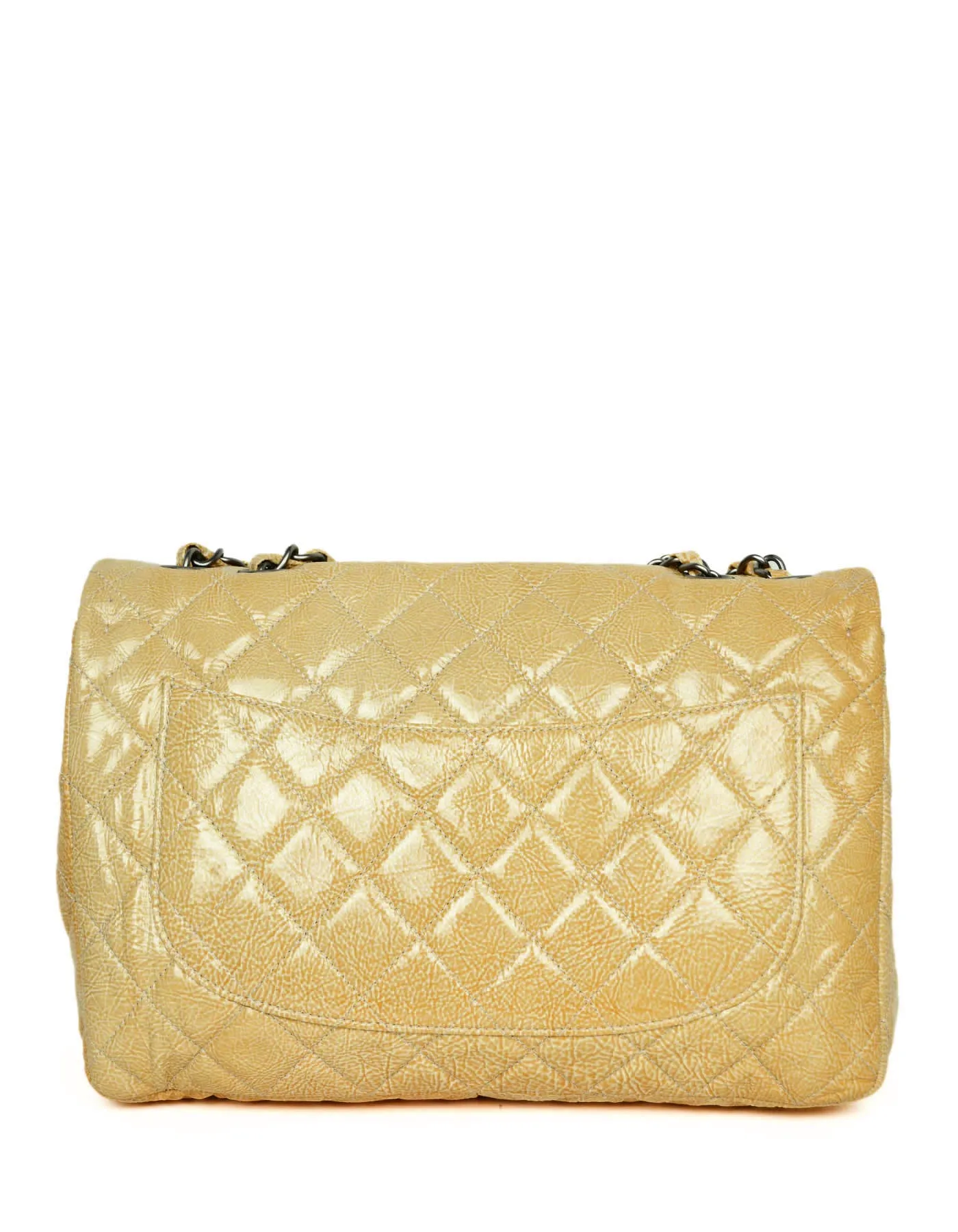 Chanel Cream Crumpled Patent Quilted Single Flap Jumbo Classic Bag