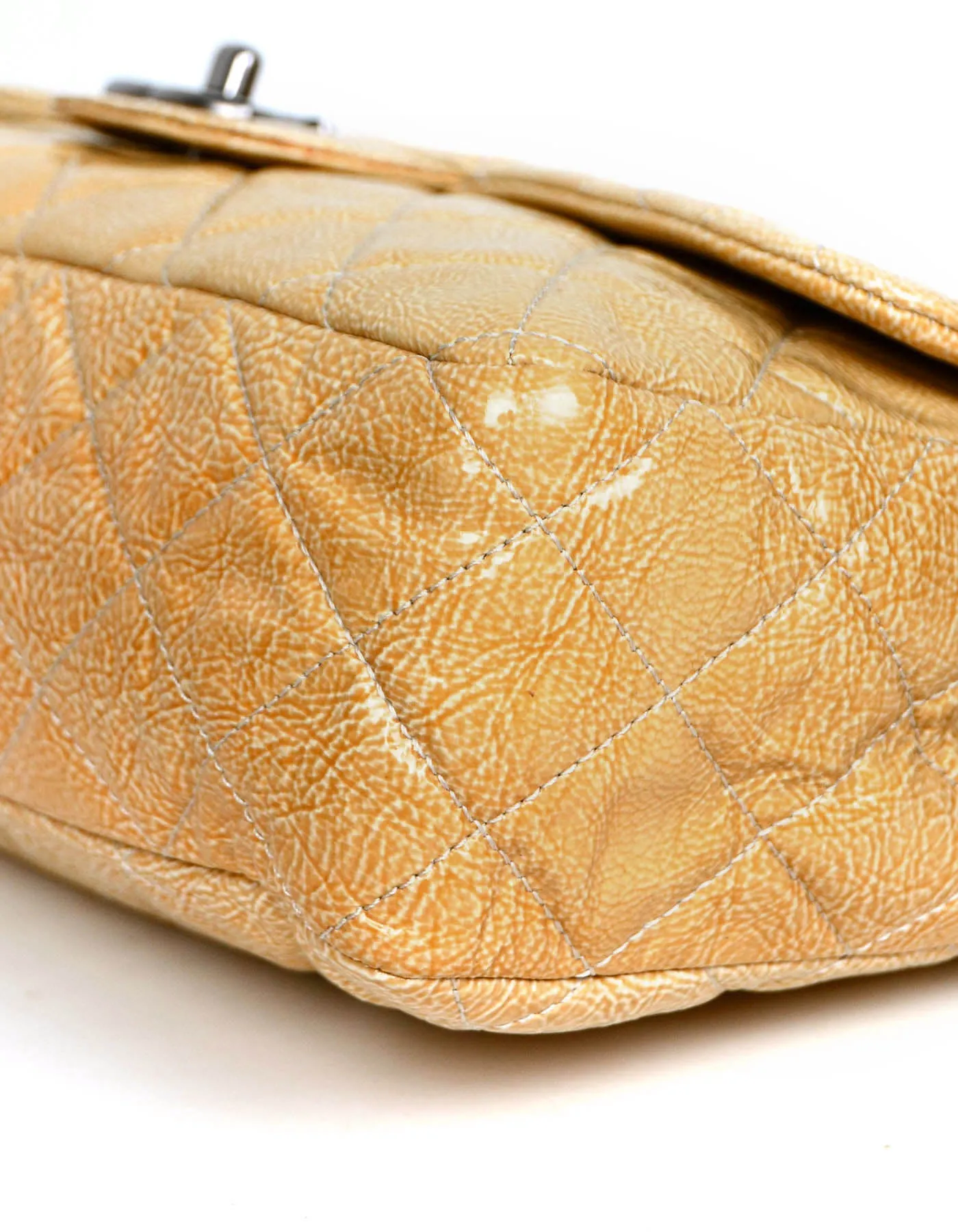 Chanel Cream Crumpled Patent Quilted Single Flap Jumbo Classic Bag