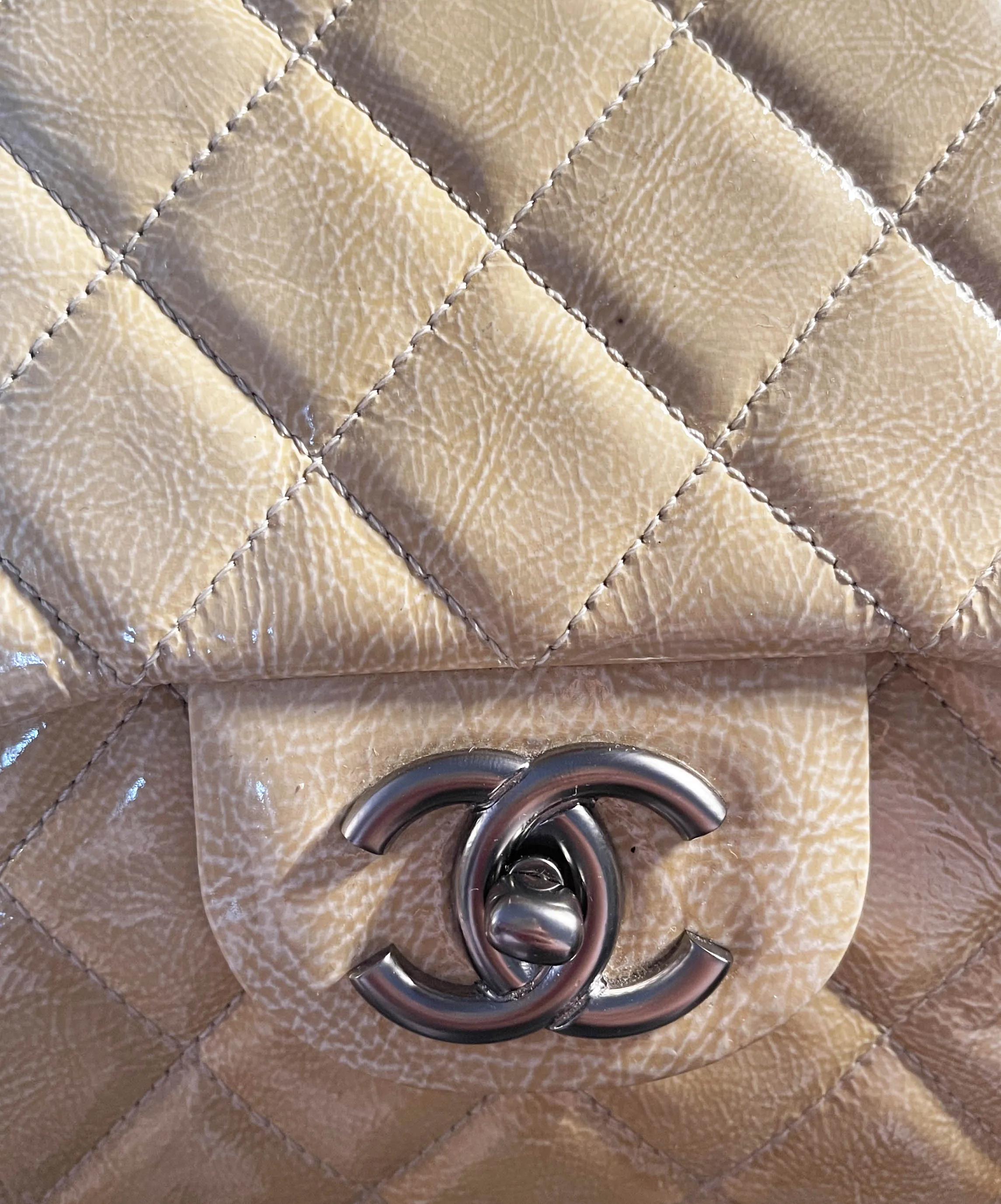 Chanel Cream Crumpled Patent Quilted Single Flap Jumbo Classic Bag