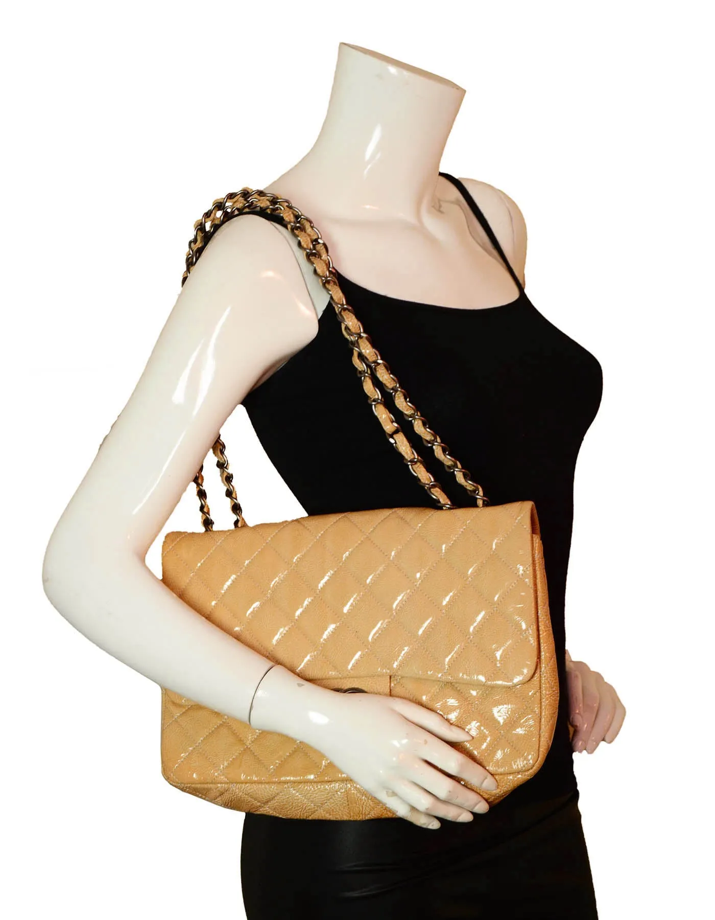 Chanel Cream Crumpled Patent Quilted Single Flap Jumbo Classic Bag