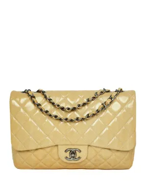 Chanel Cream Crumpled Patent Quilted Single Flap Jumbo Classic Bag