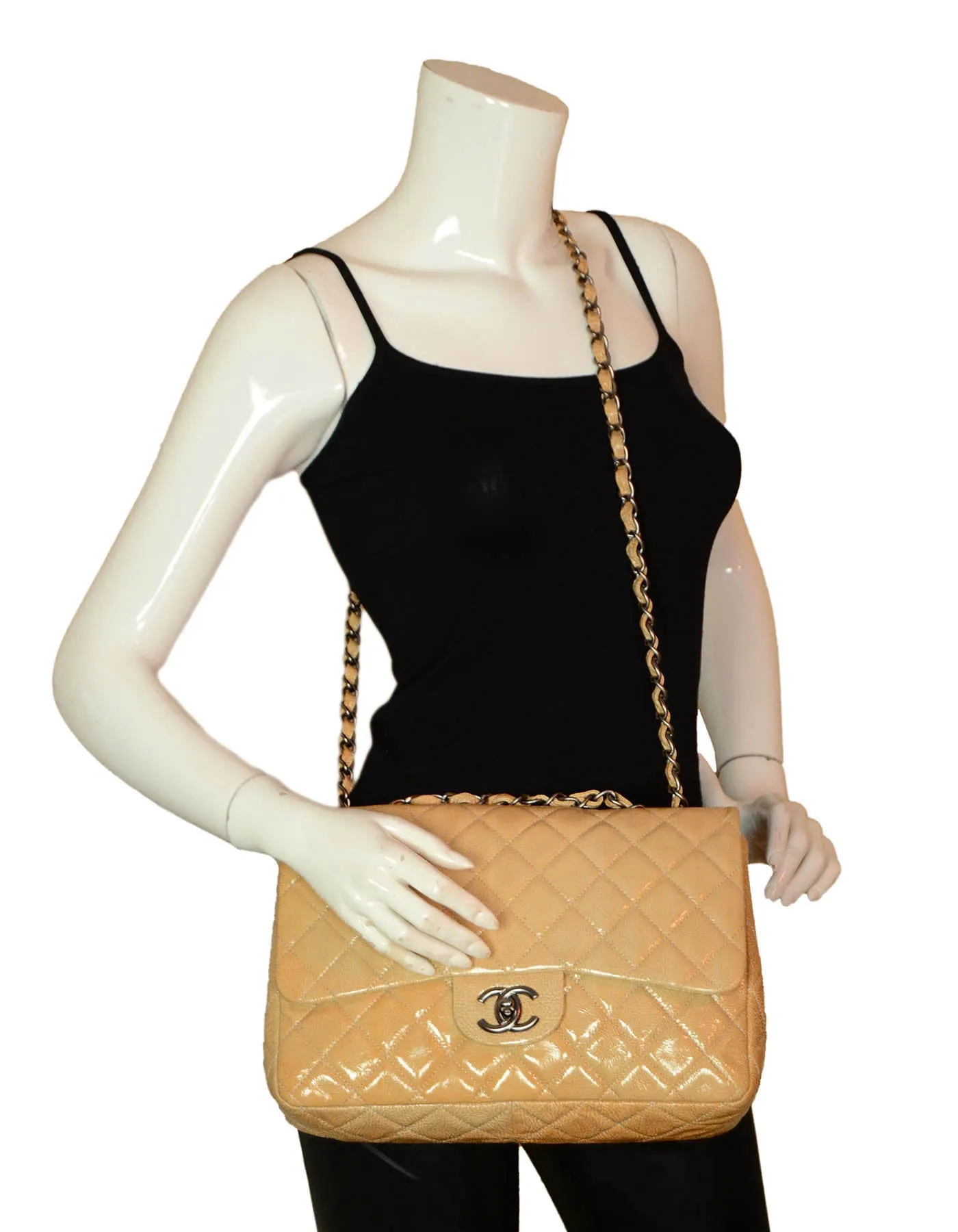 Chanel Cream Crumpled Patent Quilted Single Flap Jumbo Classic Bag