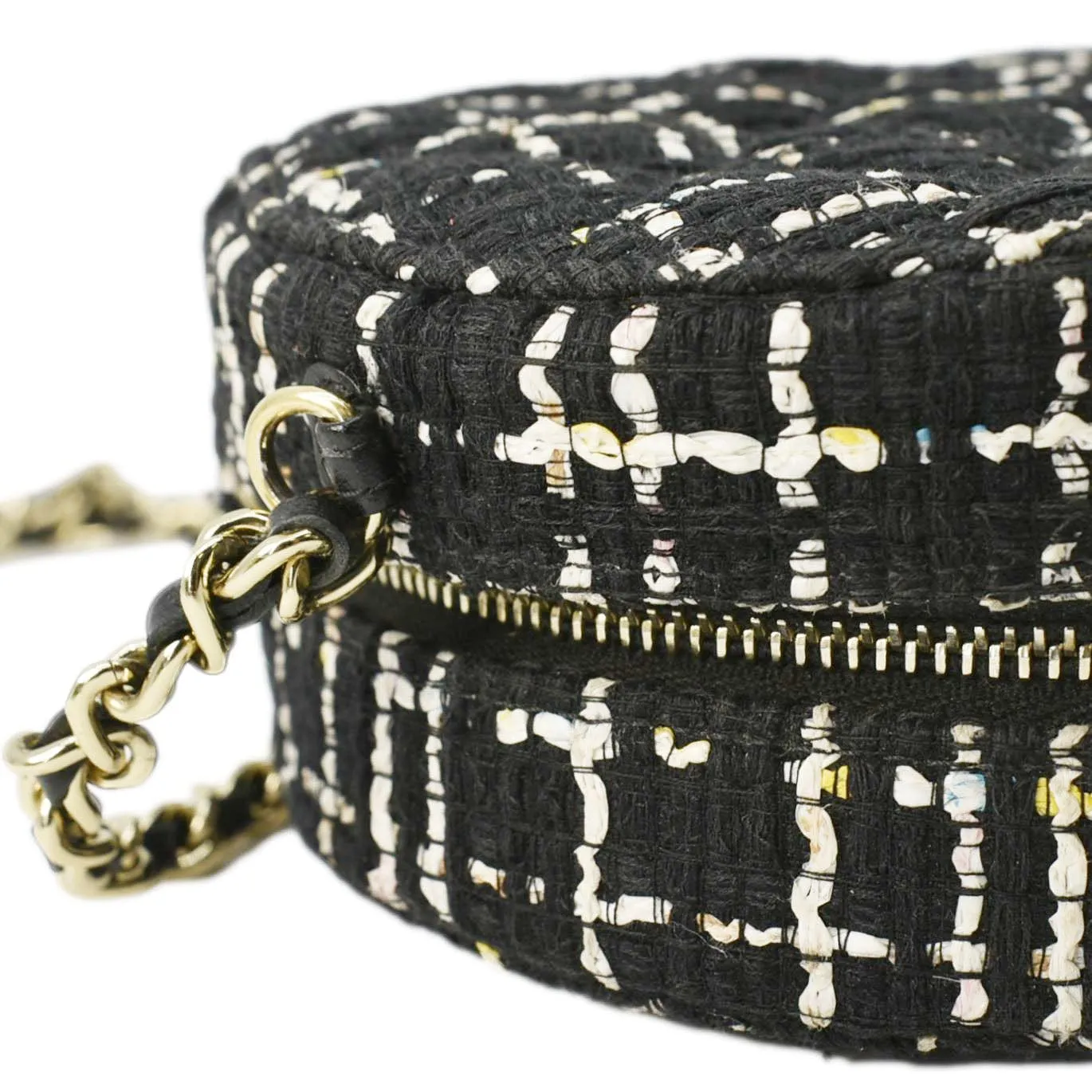 CHANEL Round Quilted Tweed Clutch Crossbody Bag Black
