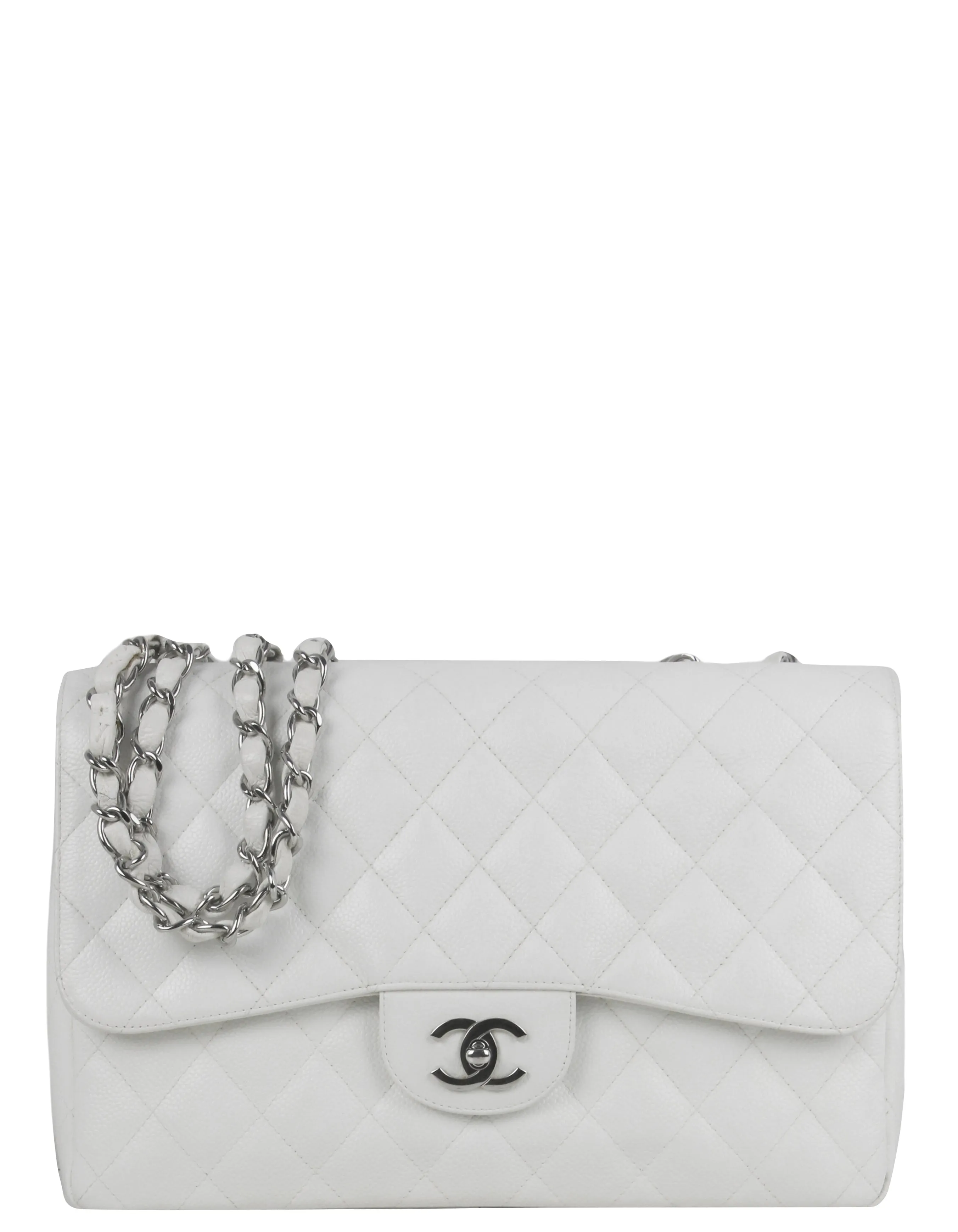 Chanel White Caviar Leather Quilted Single Flap Jumbo Classic Bag