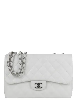 Chanel White Caviar Leather Quilted Single Flap Jumbo Classic Bag