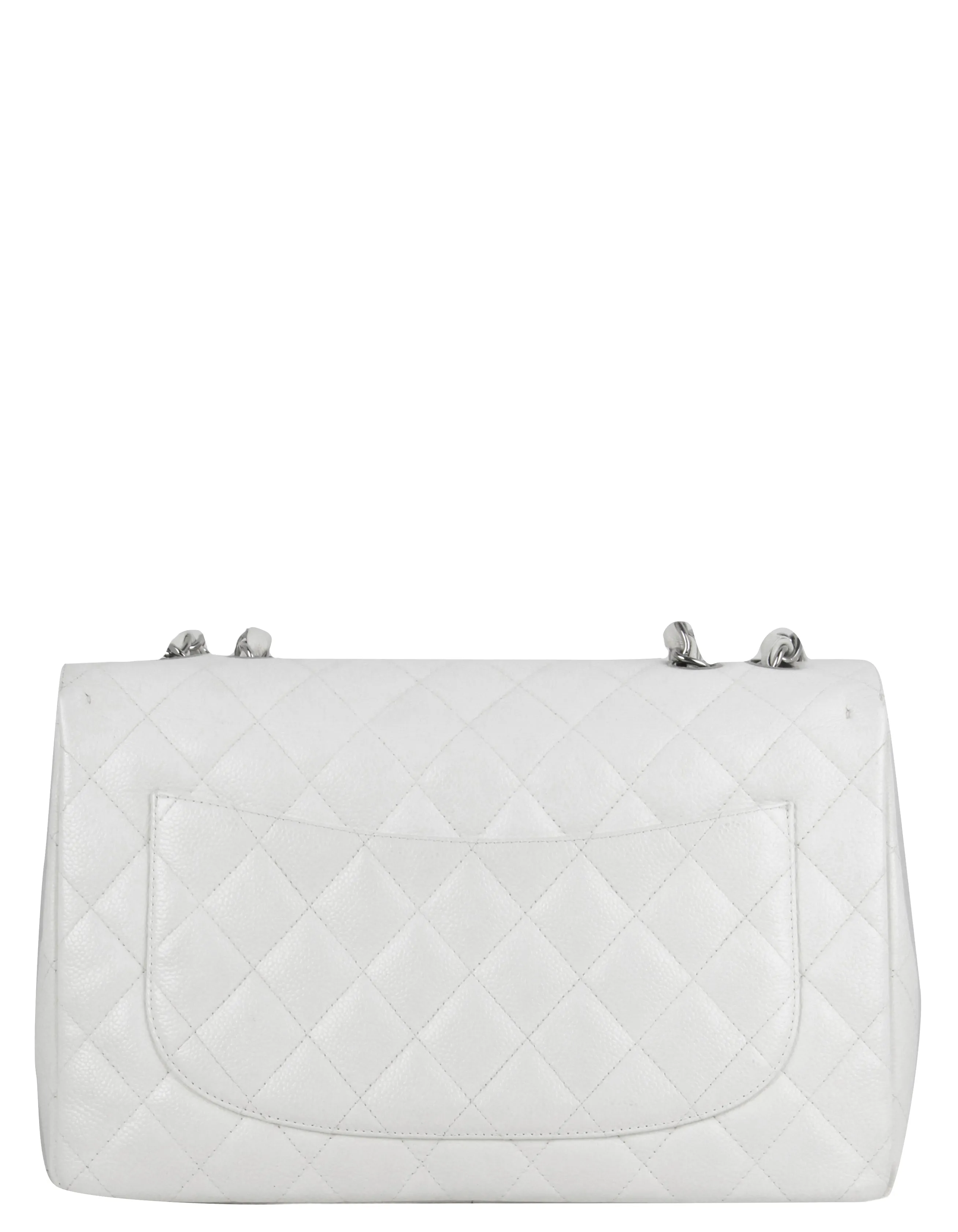 Chanel White Caviar Leather Quilted Single Flap Jumbo Classic Bag