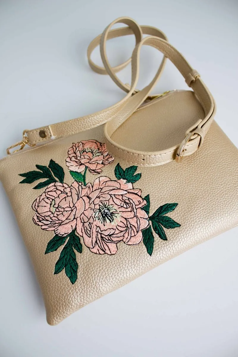 Classic Gold Shimmer Peonies Convertible Crossbody Wristlet 