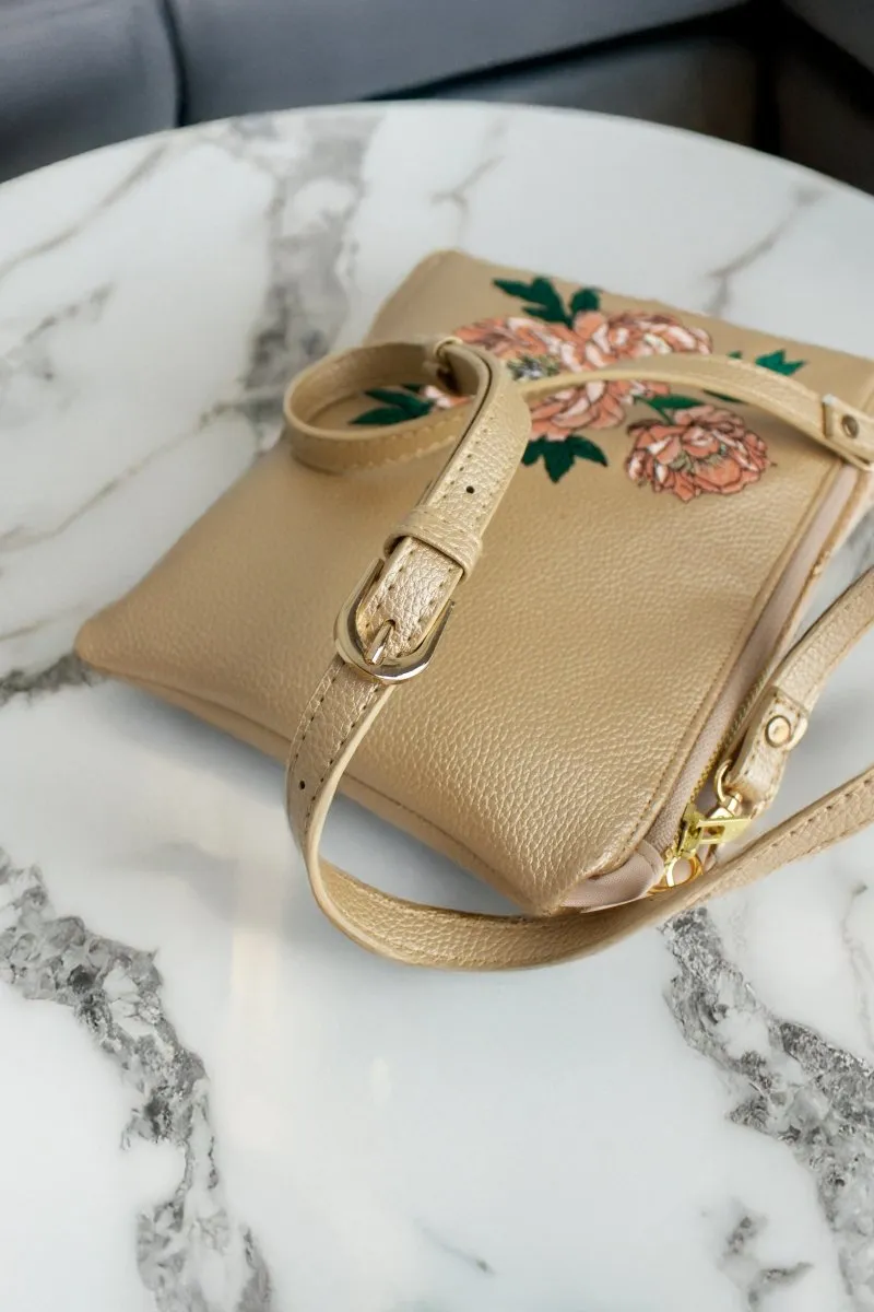 Classic Gold Shimmer Peonies Convertible Crossbody Wristlet 