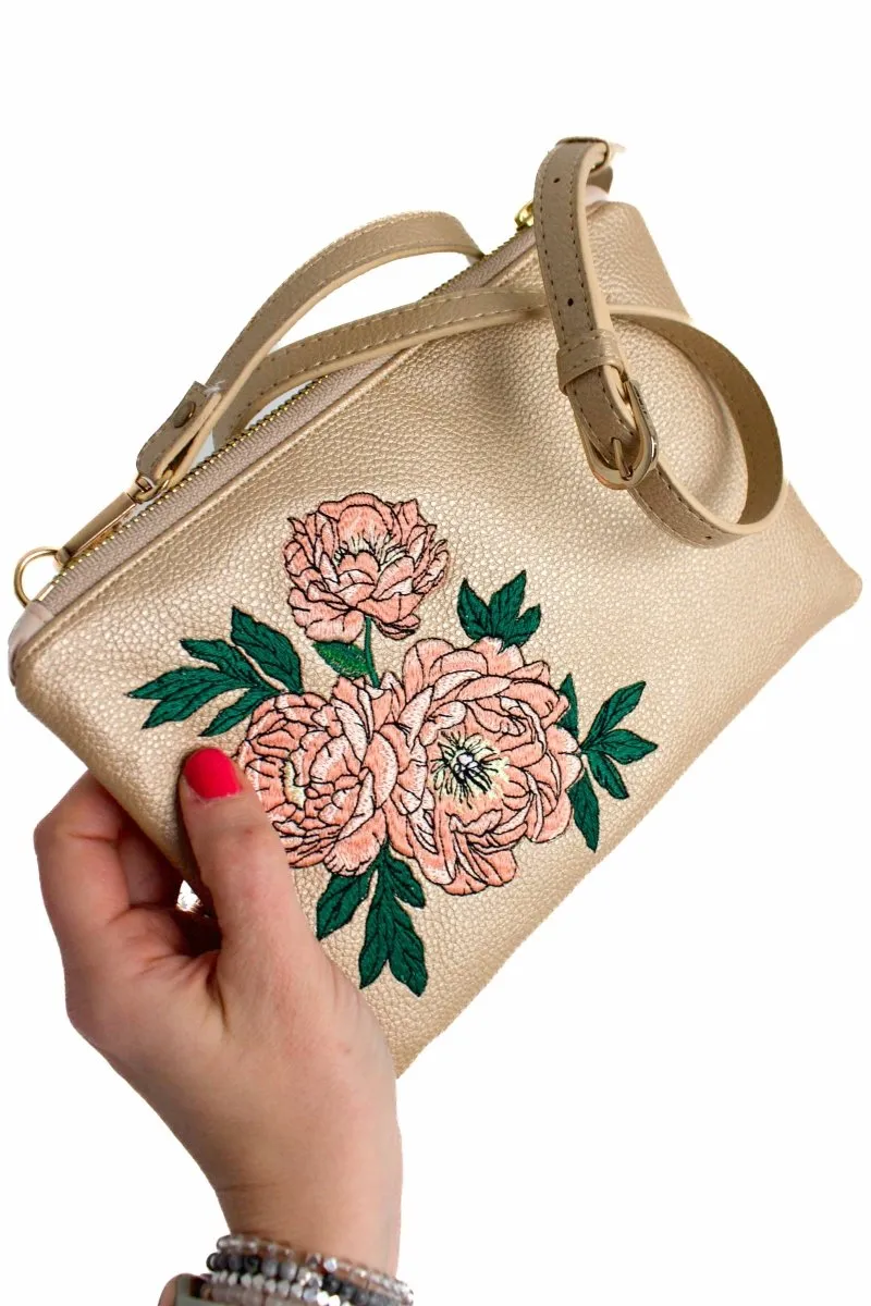 Classic Gold Shimmer Peonies Convertible Crossbody Wristlet 