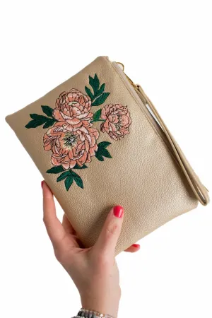 Classic Gold Shimmer Peonies Convertible Crossbody Wristlet 