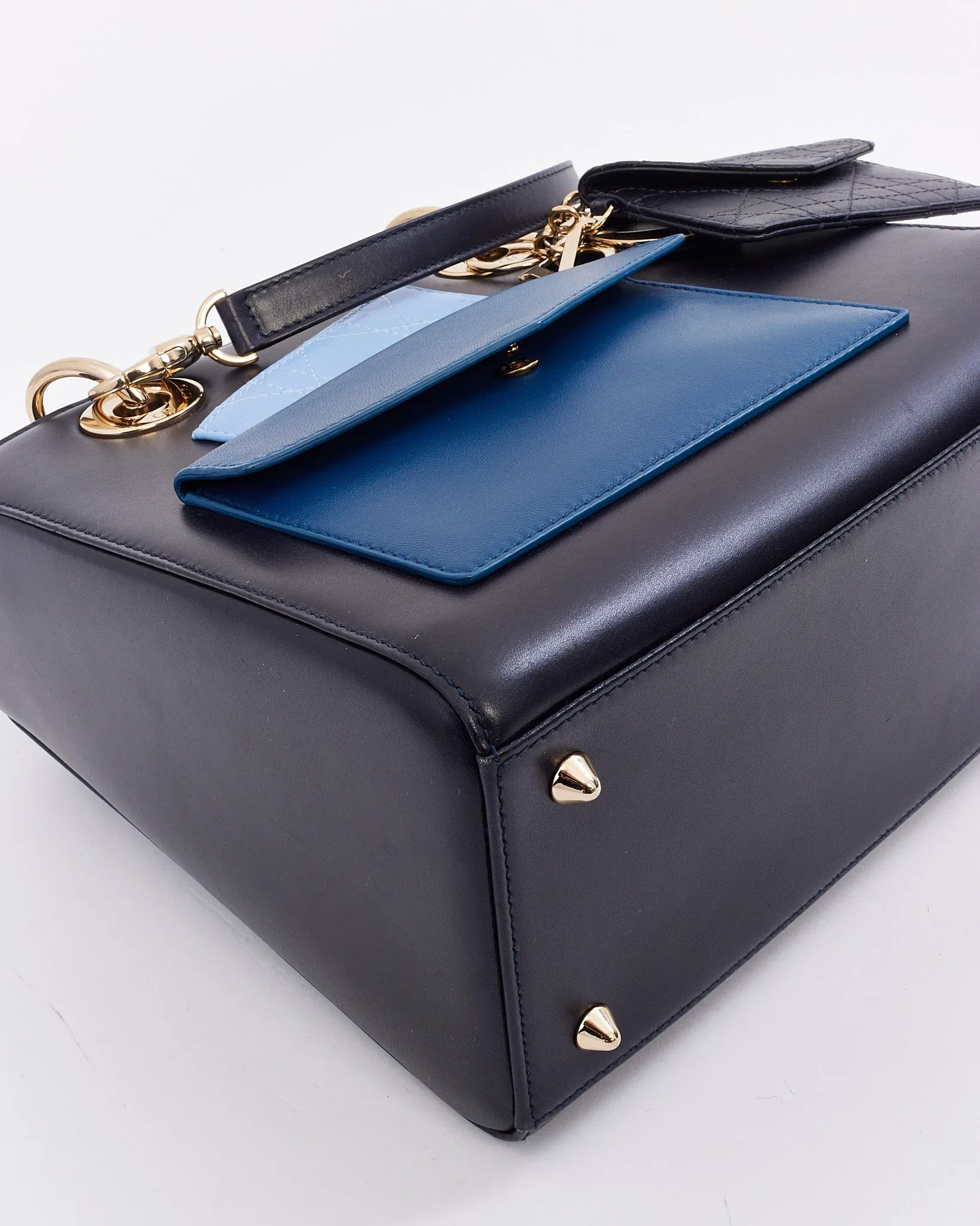 Dior Navy Leather Medium Lady Dior Pockets Top Handle Bag