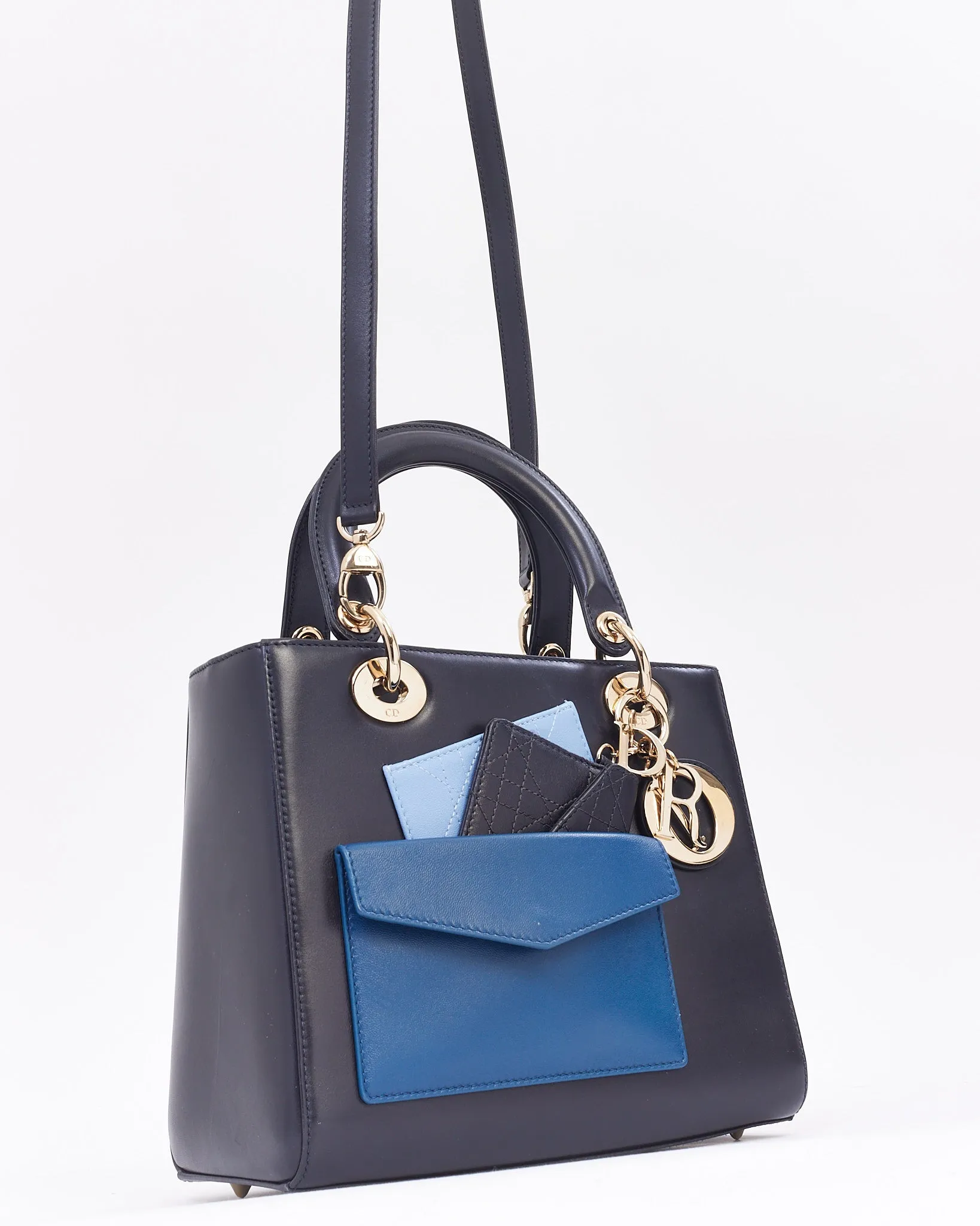 Dior Navy Leather Medium Lady Dior Pockets Top Handle Bag
