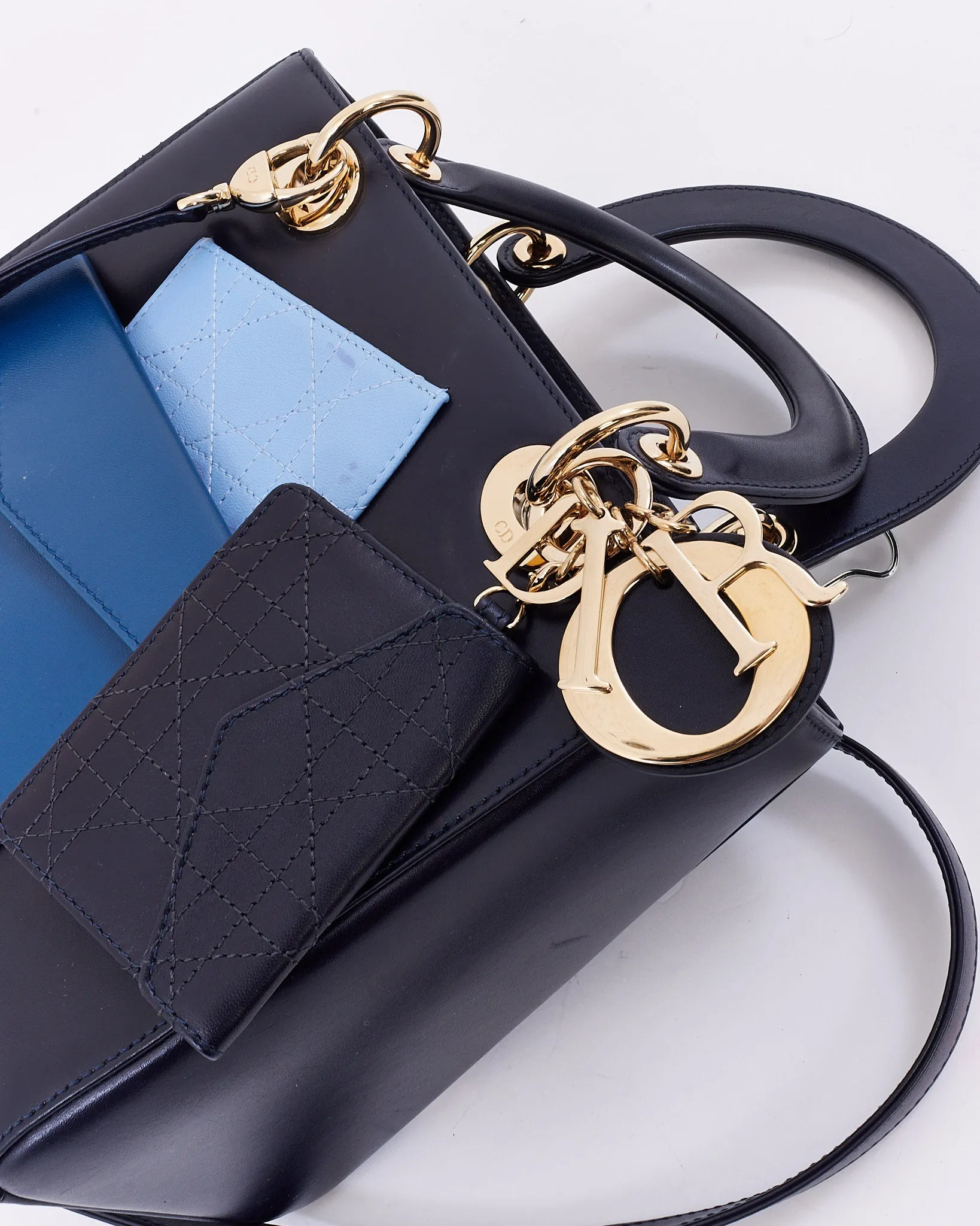 Dior Navy Leather Medium Lady Dior Pockets Top Handle Bag