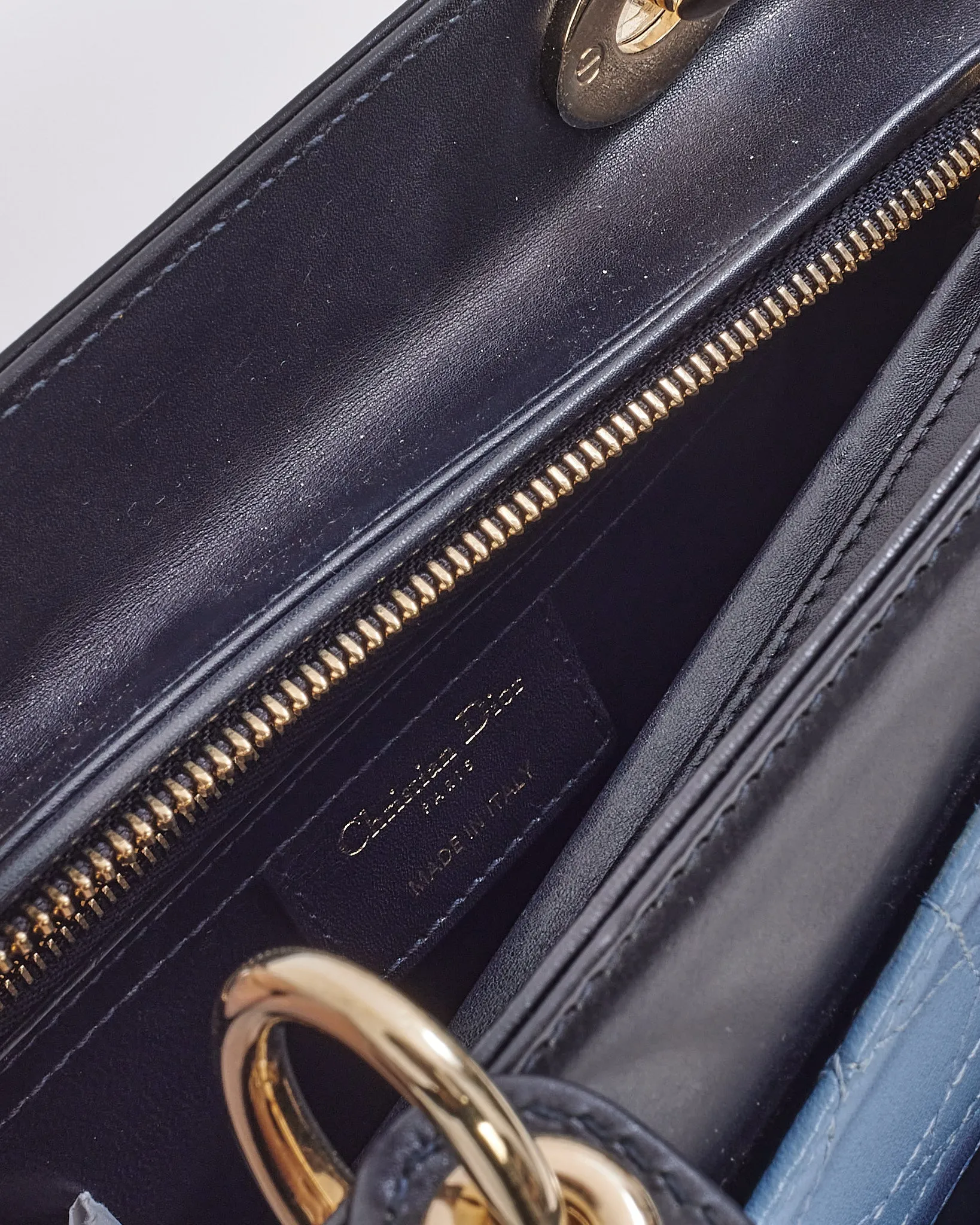 Dior Navy Leather Medium Lady Dior Pockets Top Handle Bag