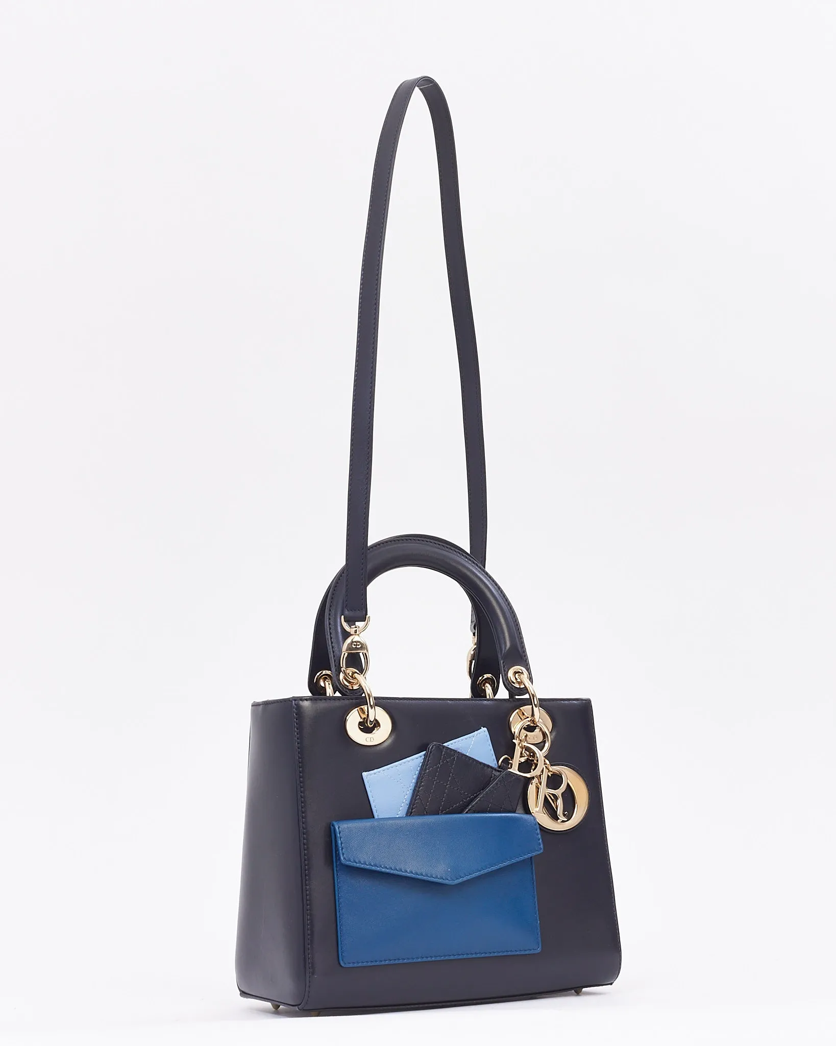 Dior Navy Leather Medium Lady Dior Pockets Top Handle Bag