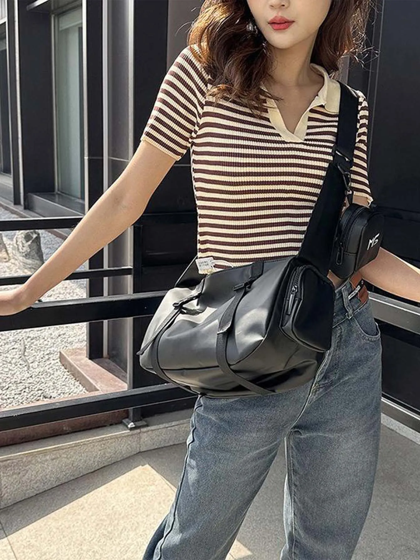 Double Pocket Street Style Shoulder Bag - Black - FD ⚡