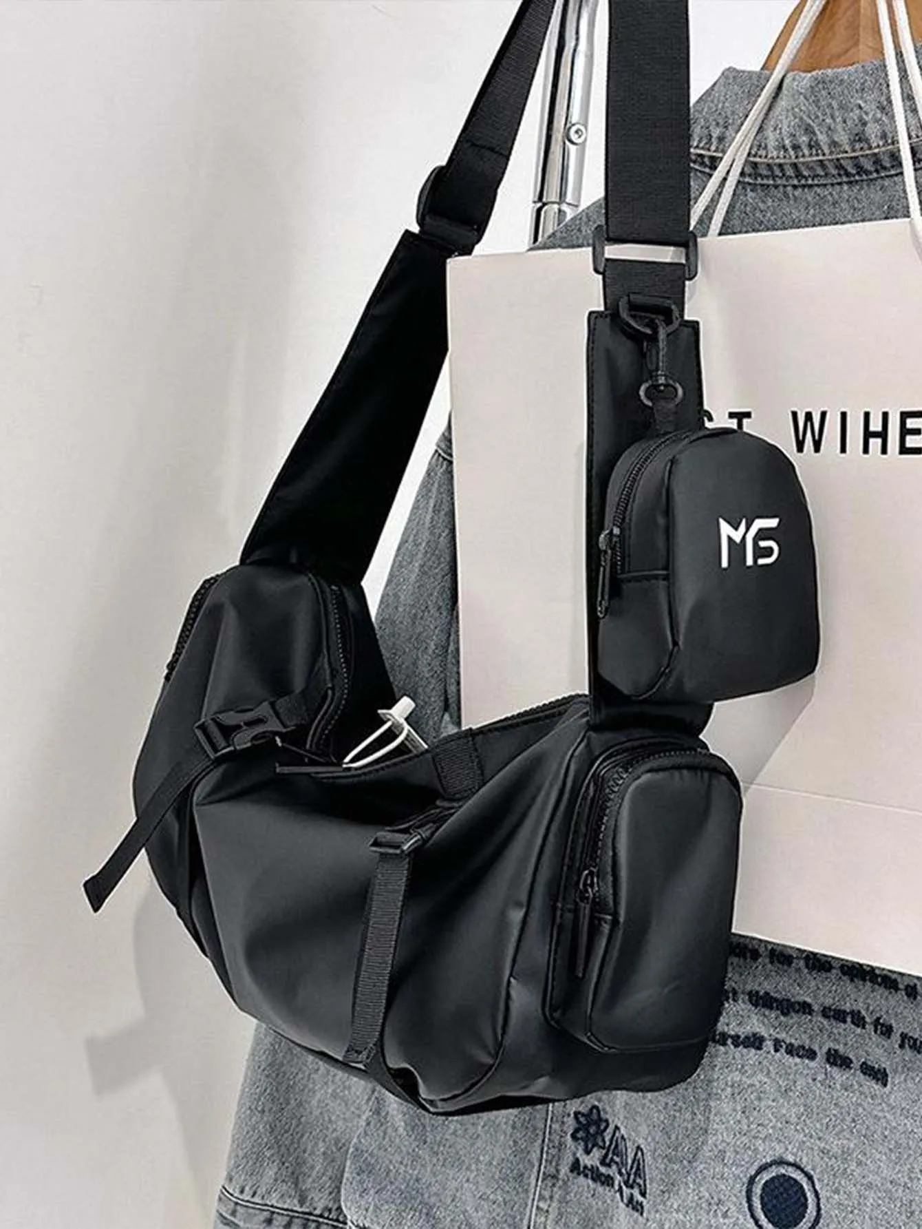 Double Pocket Street Style Shoulder Bag - Black - FD ⚡