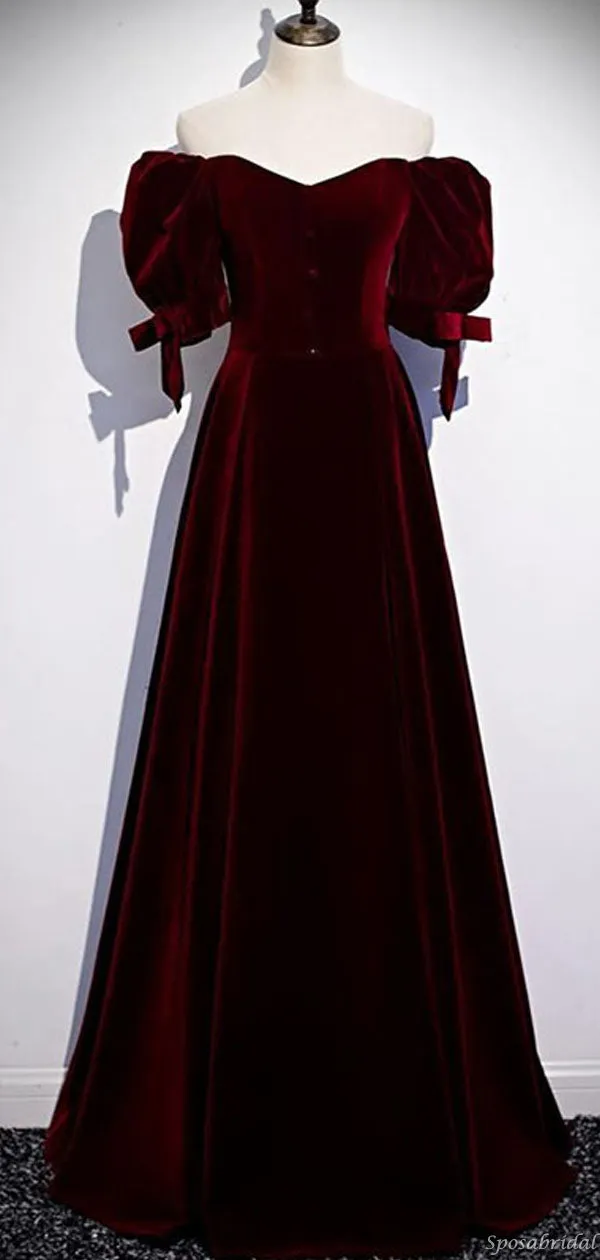 Elegant Burgundy Velvet Off-shoulder Short Sleeves Sweetheart Long A-line Prom Dress, PD3176