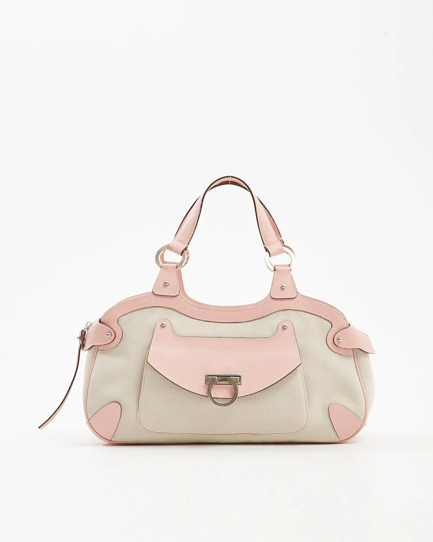Ferragamo Pink Leather Trim & Canvas Gancini Top Handle Bag