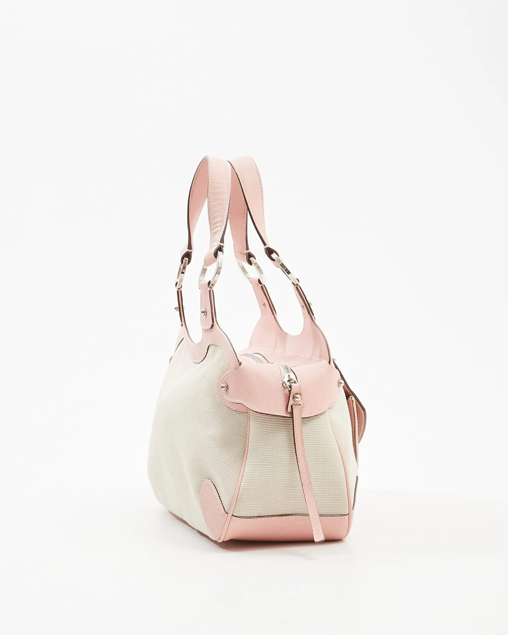 Ferragamo Pink Leather Trim & Canvas Gancini Top Handle Bag