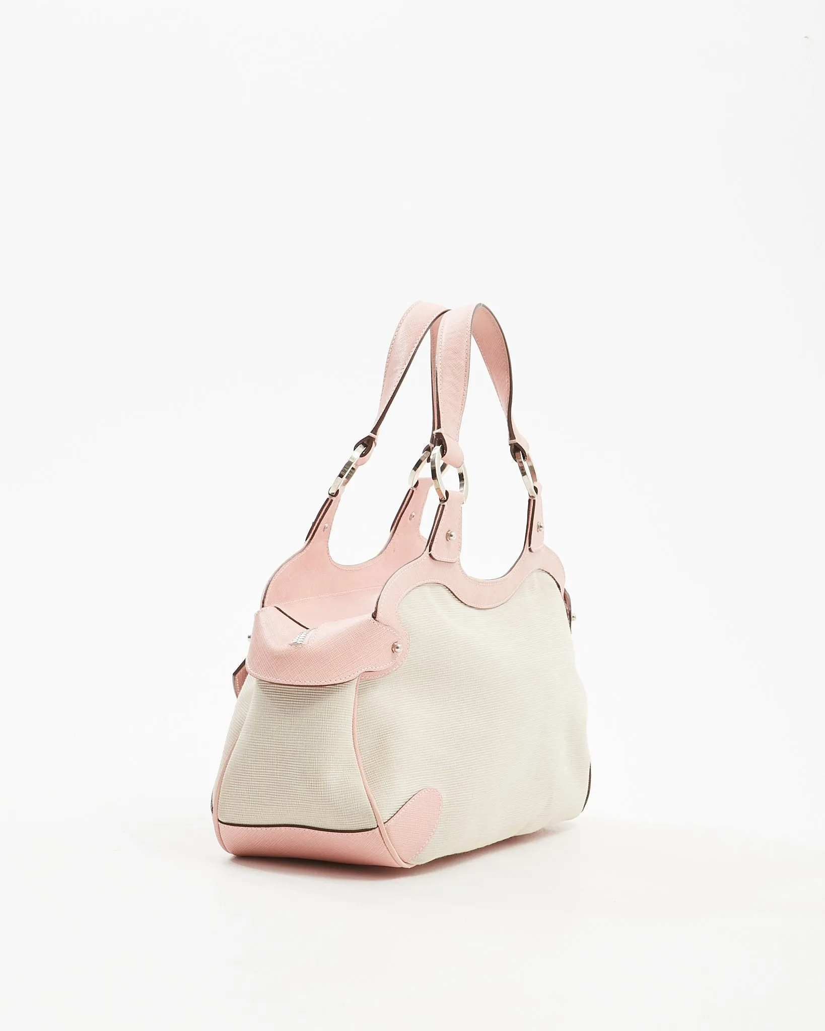 Ferragamo Pink Leather Trim & Canvas Gancini Top Handle Bag