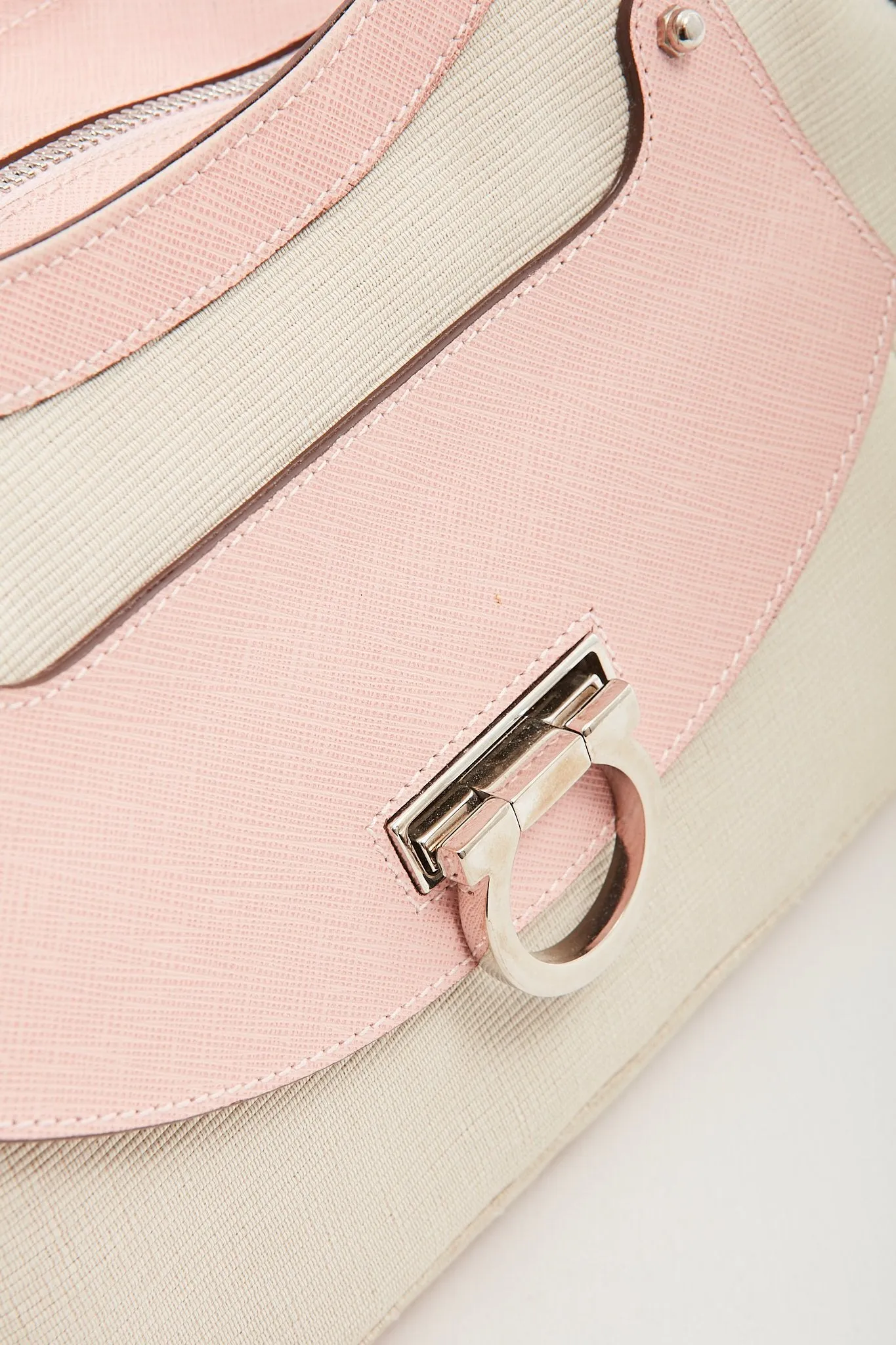 Ferragamo Pink Leather Trim & Canvas Gancini Top Handle Bag