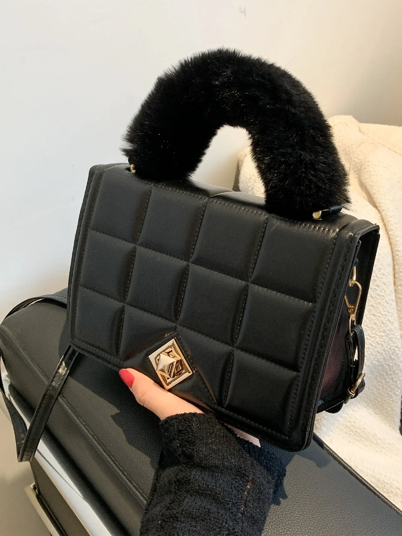Fluffy Handle Textured Flap Square Bag - Black