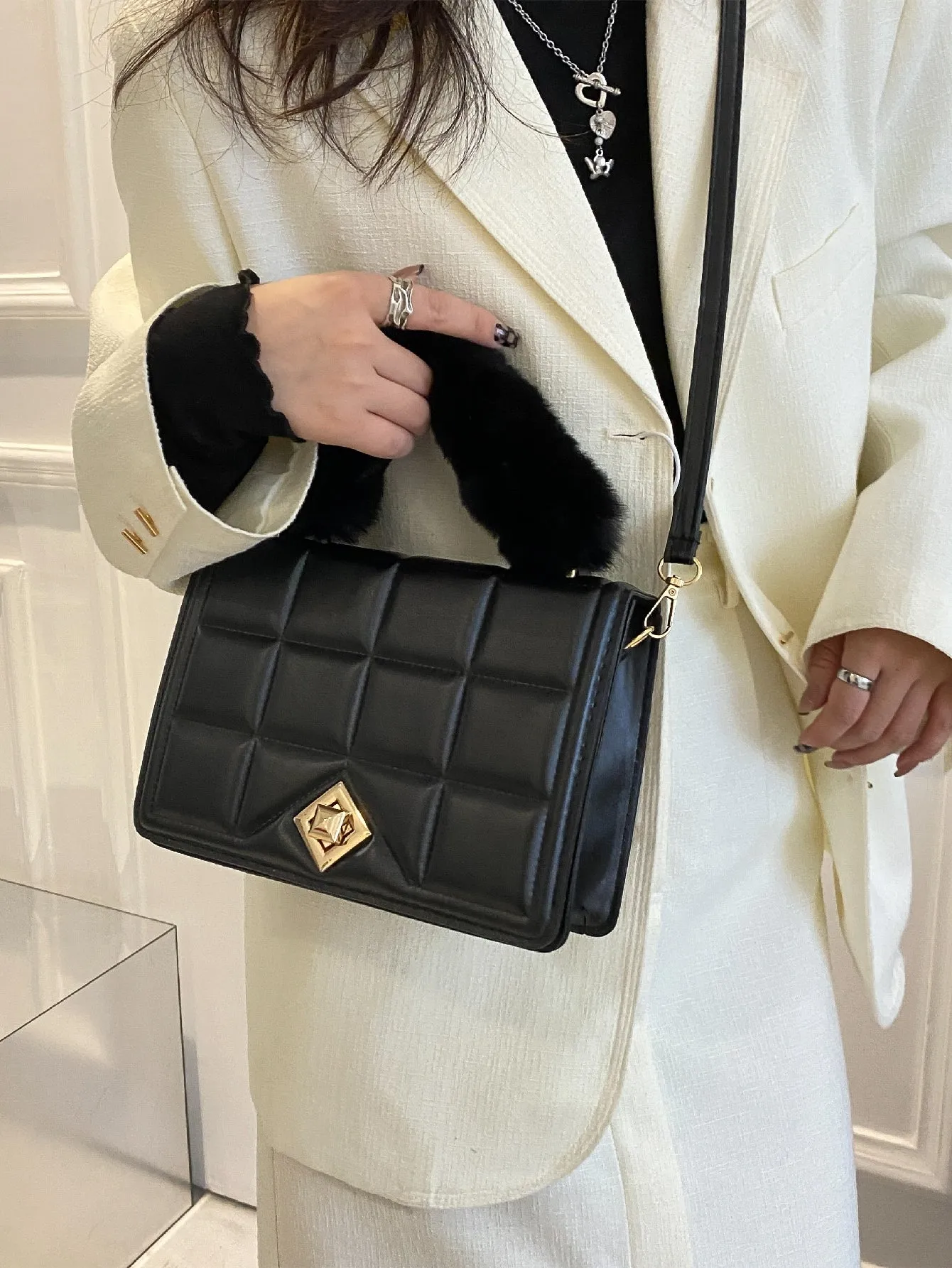 Fluffy Handle Textured Flap Square Bag - Black
