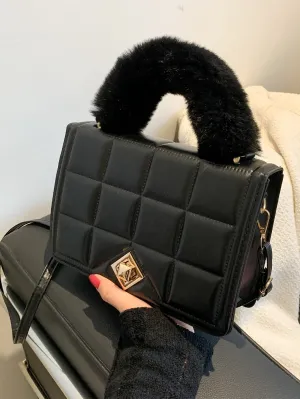 Fluffy Handle Textured Flap Square Bag - Black