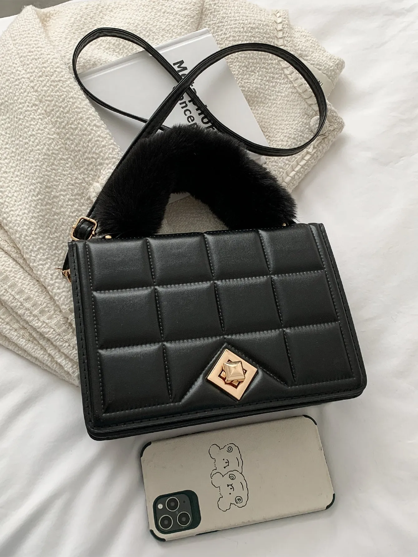 Fluffy Handle Textured Flap Square Bag - Black