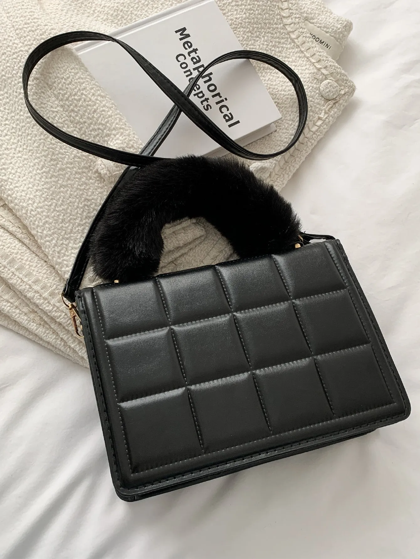 Fluffy Handle Textured Flap Square Bag - Black