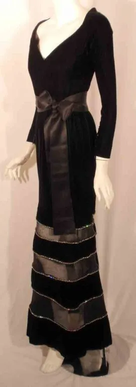 GIVENCHY Black Velvet Gown w/ Horsehair, Rhinestone & Trim